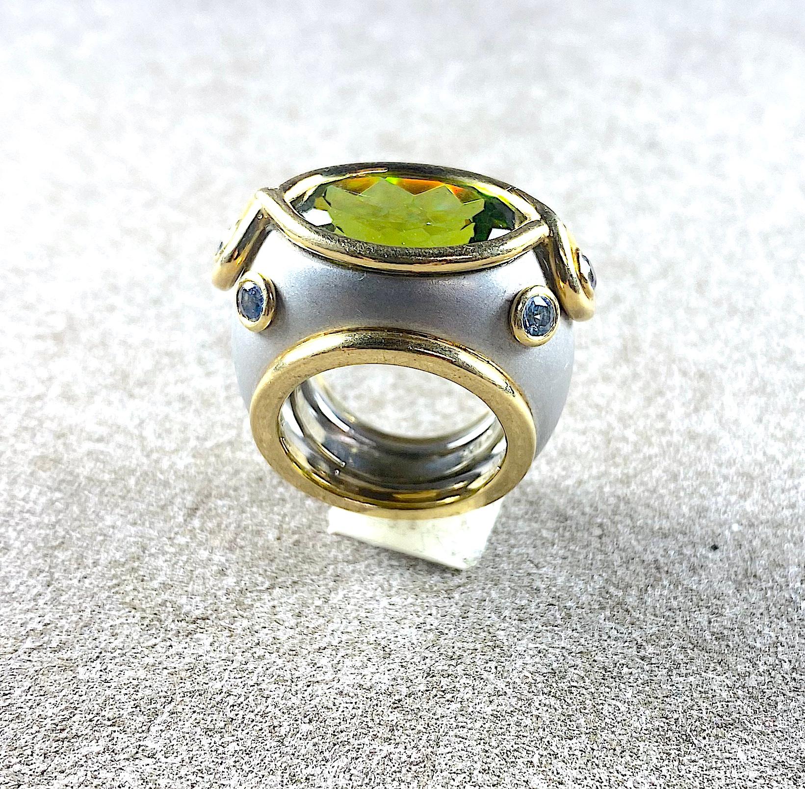 Contemporary Andrew Clunn Gorgeous Peridot Aquamarine Gold Platinum Ring For Sale