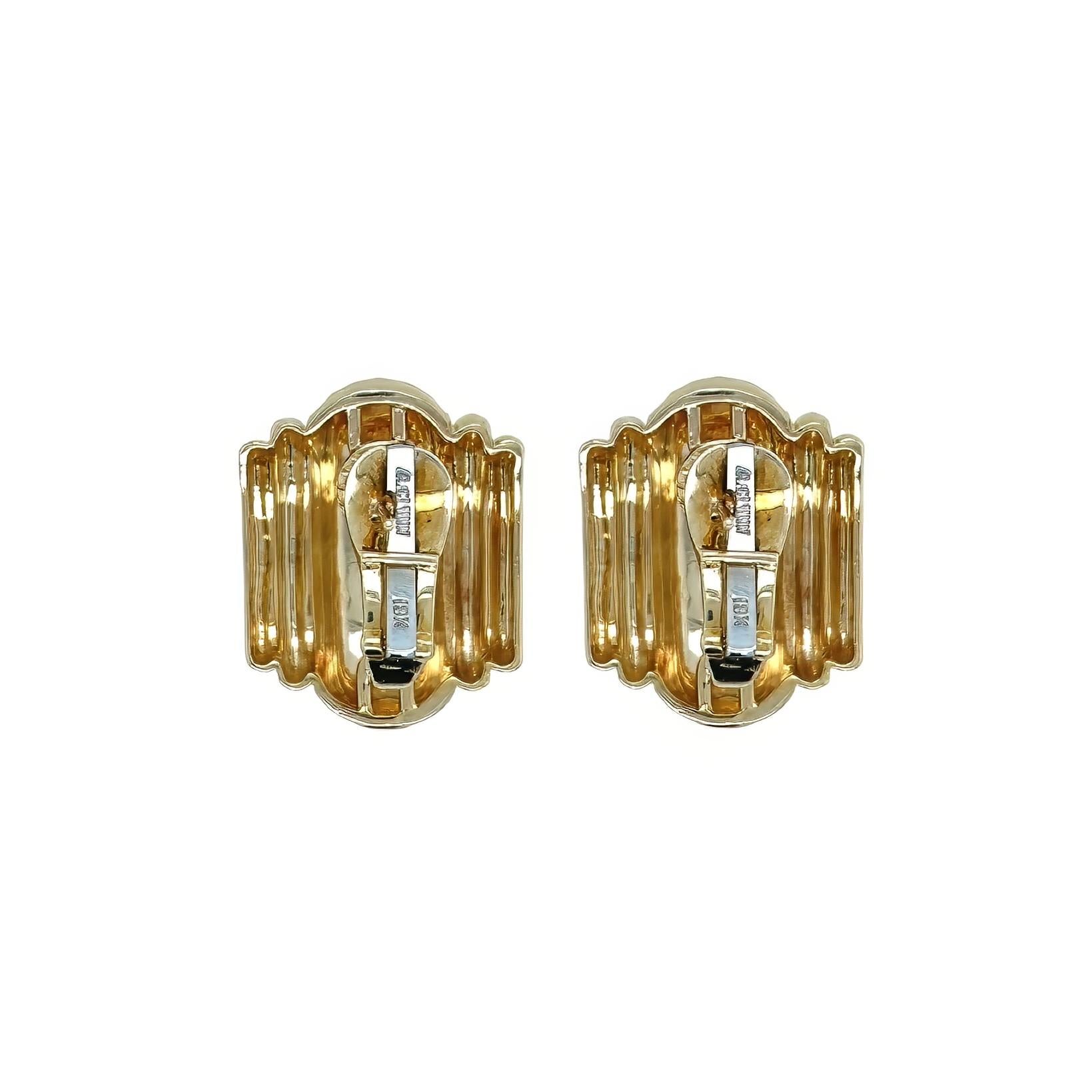 A pair of 18 karat yellow gold earrings, Andrew Clunn.  Each concave earring displaying a hammered gold vertical central element flanked by two polished gold graduating vertical elements on each side, with post and clip back.  Length approximately 1