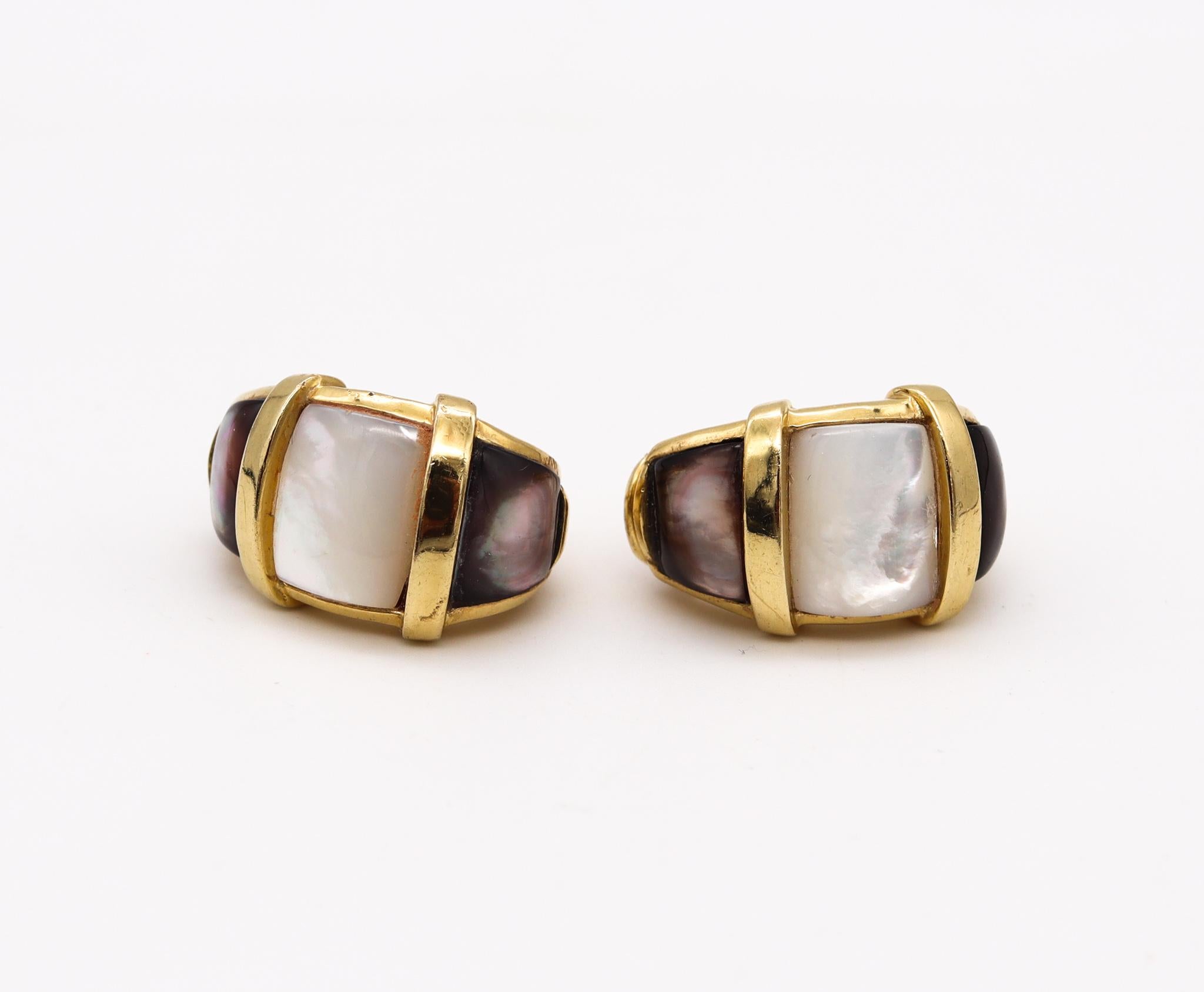 Modernist Andrew Clunn New York Hoop Earrings 18 Kt Yellow Gold With White & Black Nacre For Sale