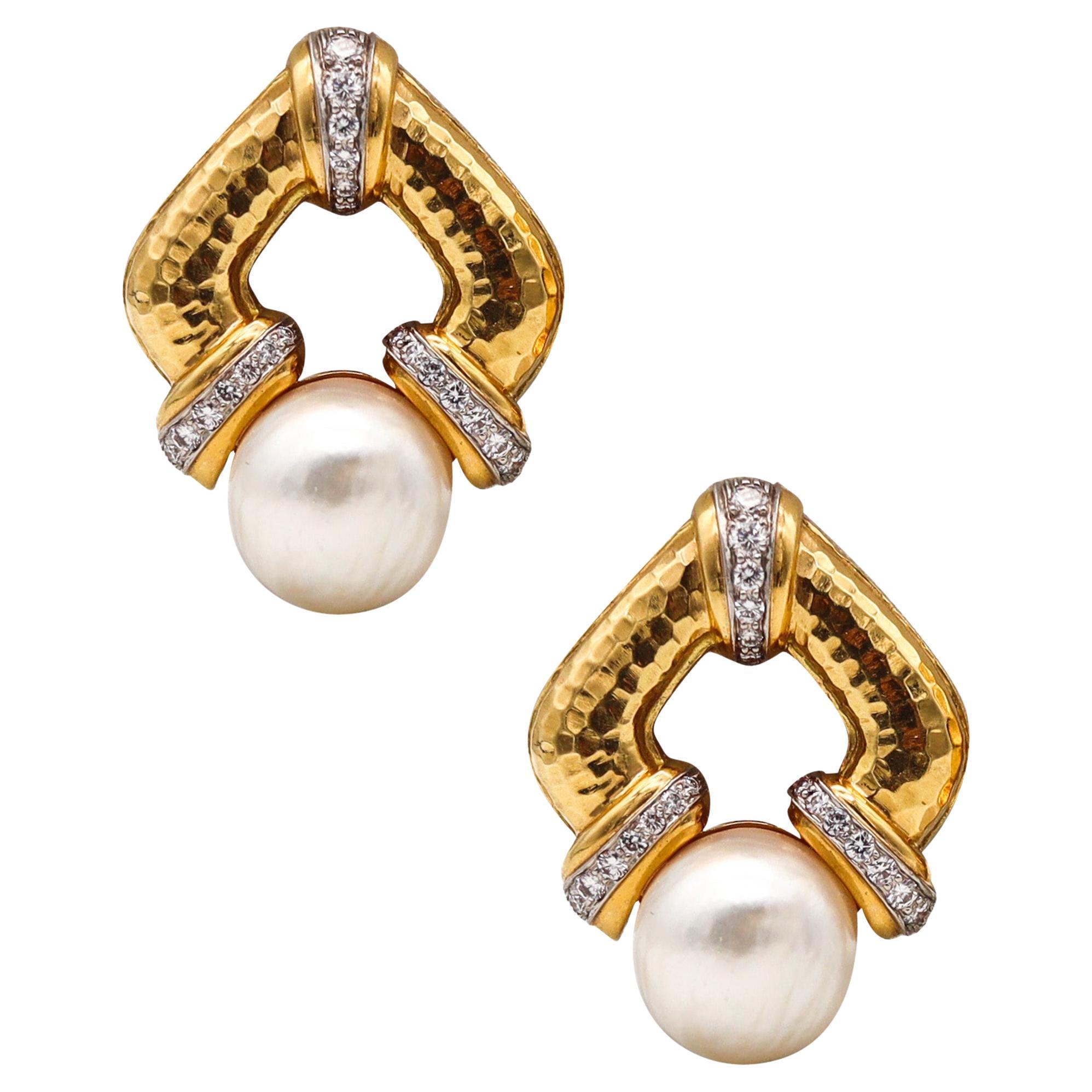 Andrew Clunn Pearls Earrings In 18Kt Yellow Gold With 1.20 Ctw In Diamonds