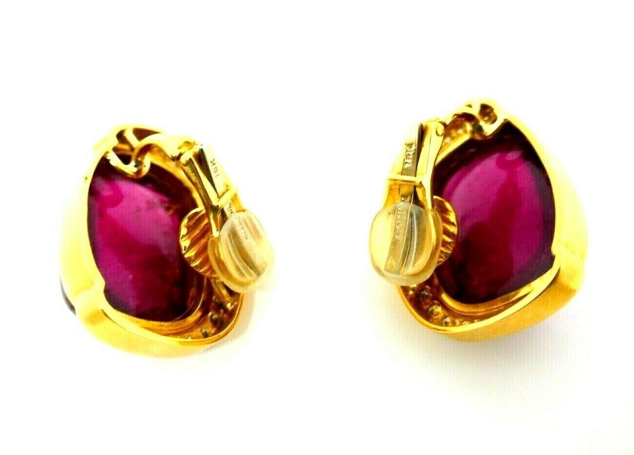 Distinctively chunky, bold earrings from Andrew Clunn. 
Made of 18k yellow gold, pink tourmaline and diamonds. Perfectly polished, candy-like tourmaline amazingly paired with elegant gold color. This together with diamond sparks make the pieces a