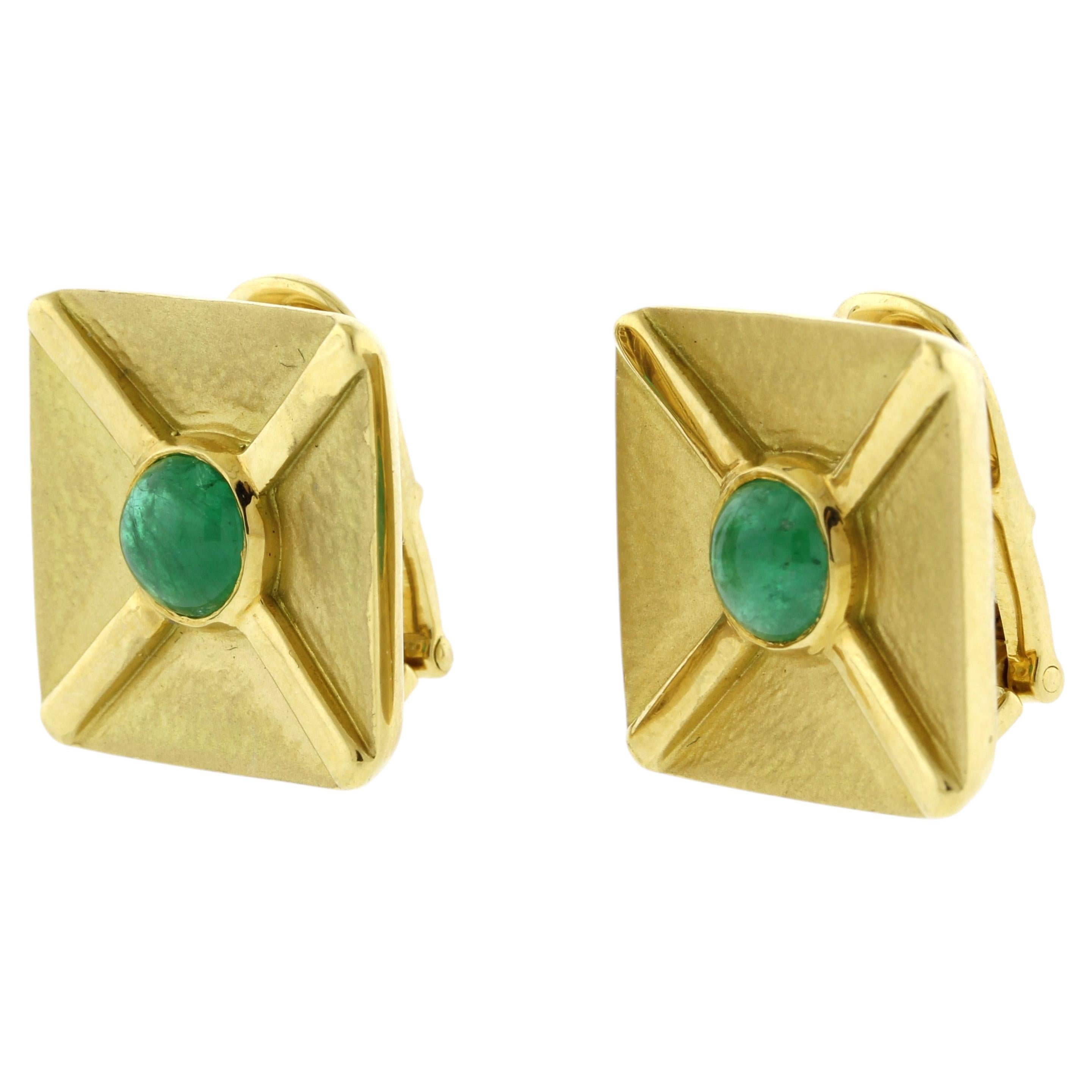 Andrew Clunn Square Textured Gold Cabochon Emerald Ear Clips By Andrew Clunn