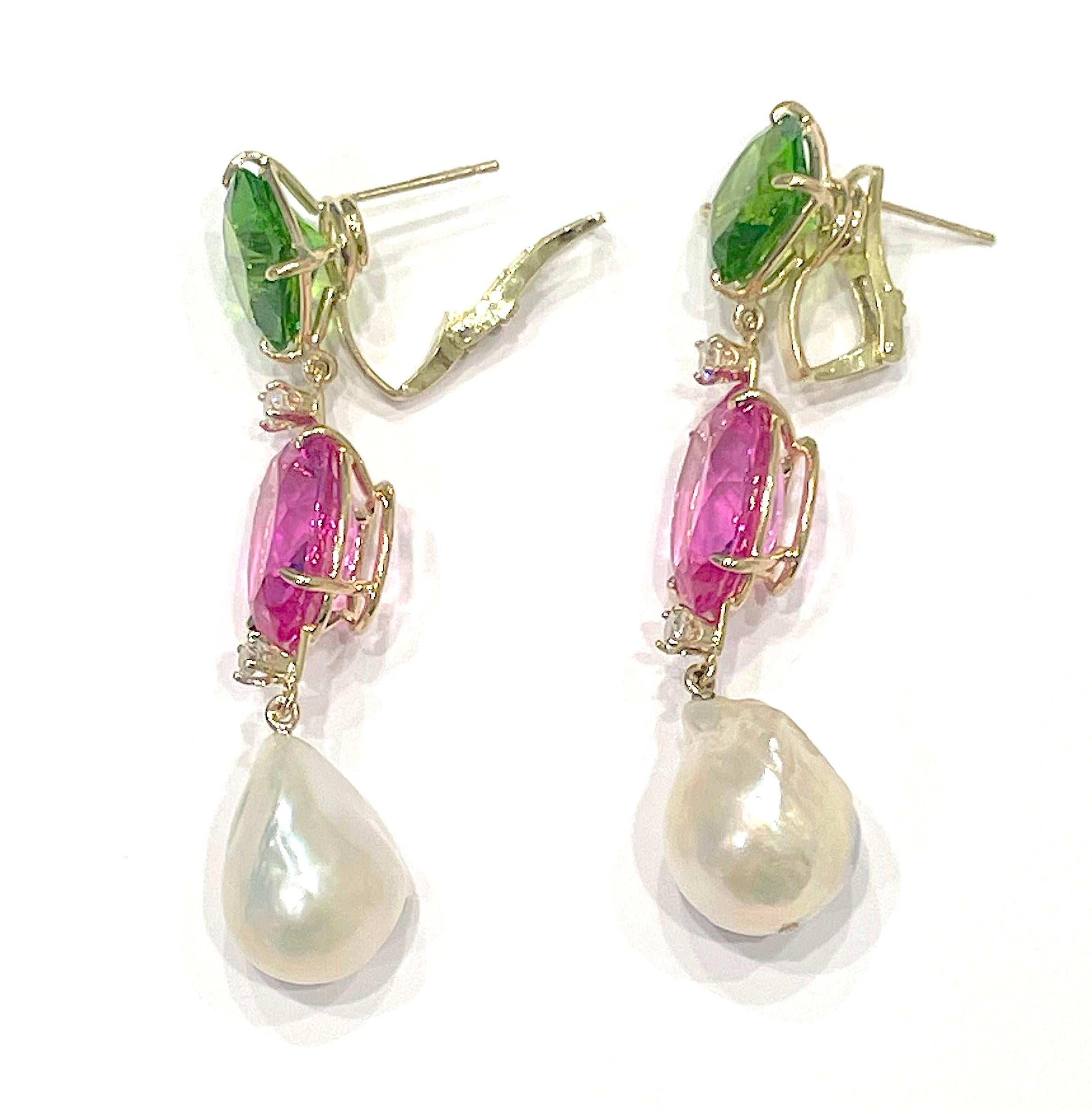 Andrew Clunn Three-Stone Drop Earring with Peridot Aquamarine  South Sea Pearl For Sale 1