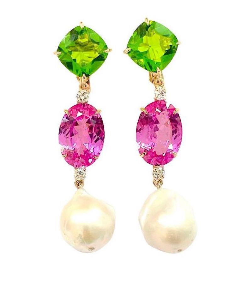 Women's Andrew Clunn Three-Stone Drop Earring with Peridot Aquamarine  South Sea Pearl For Sale