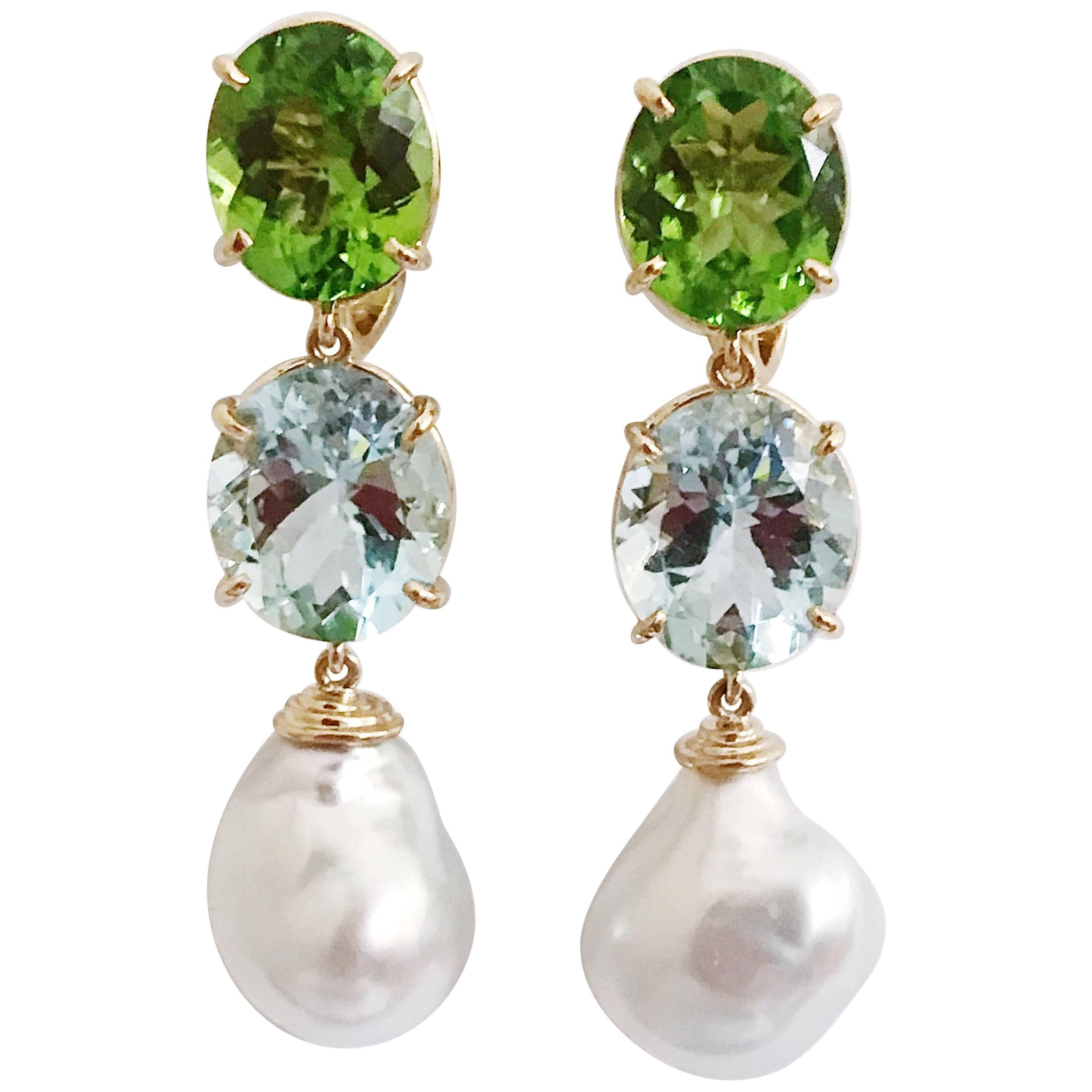 Andrew Clunn Three-Stone Drop Earring with Peridot Aquamarine  South Sea Pearl For Sale