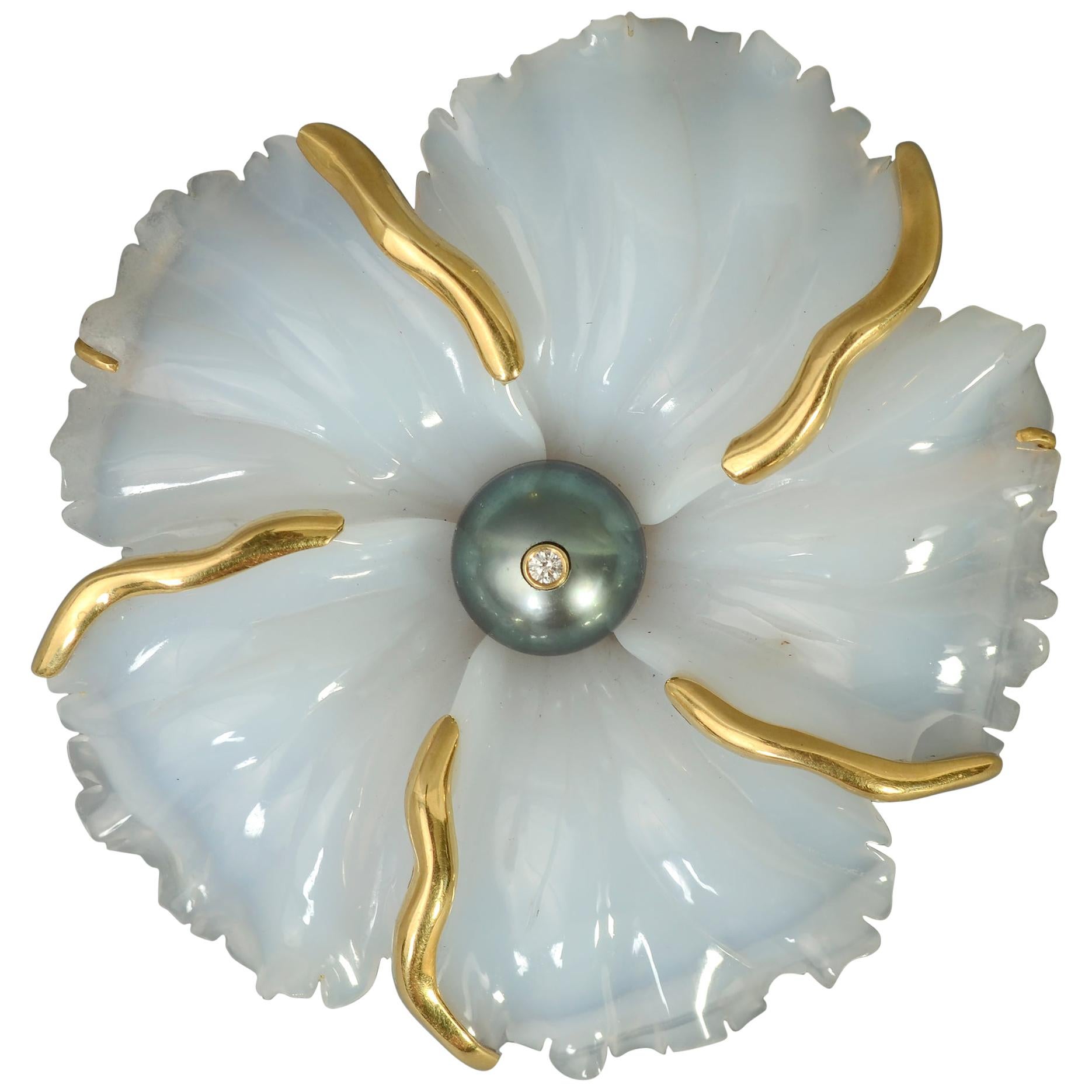 Andrew Clunn White Agate Flower Brooch For Sale