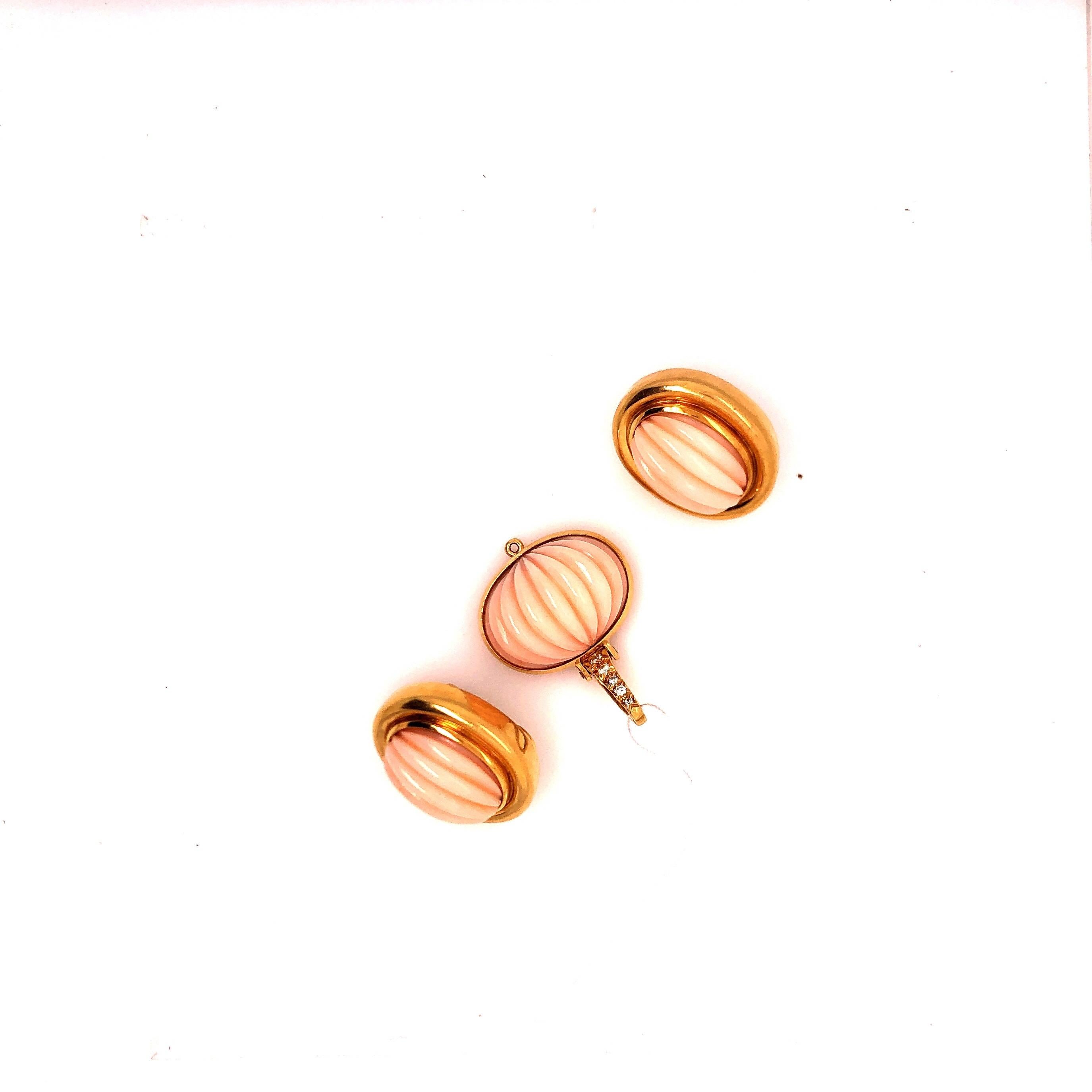 Women's Andrew Clunn Yellow Gold Diamond and Carved Coral Earring and Pendant Set