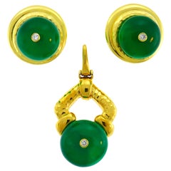 Vintage Andrew Clunn Yellow Gold Earrings Pendant Set with Chrysoprase Diamond Accents