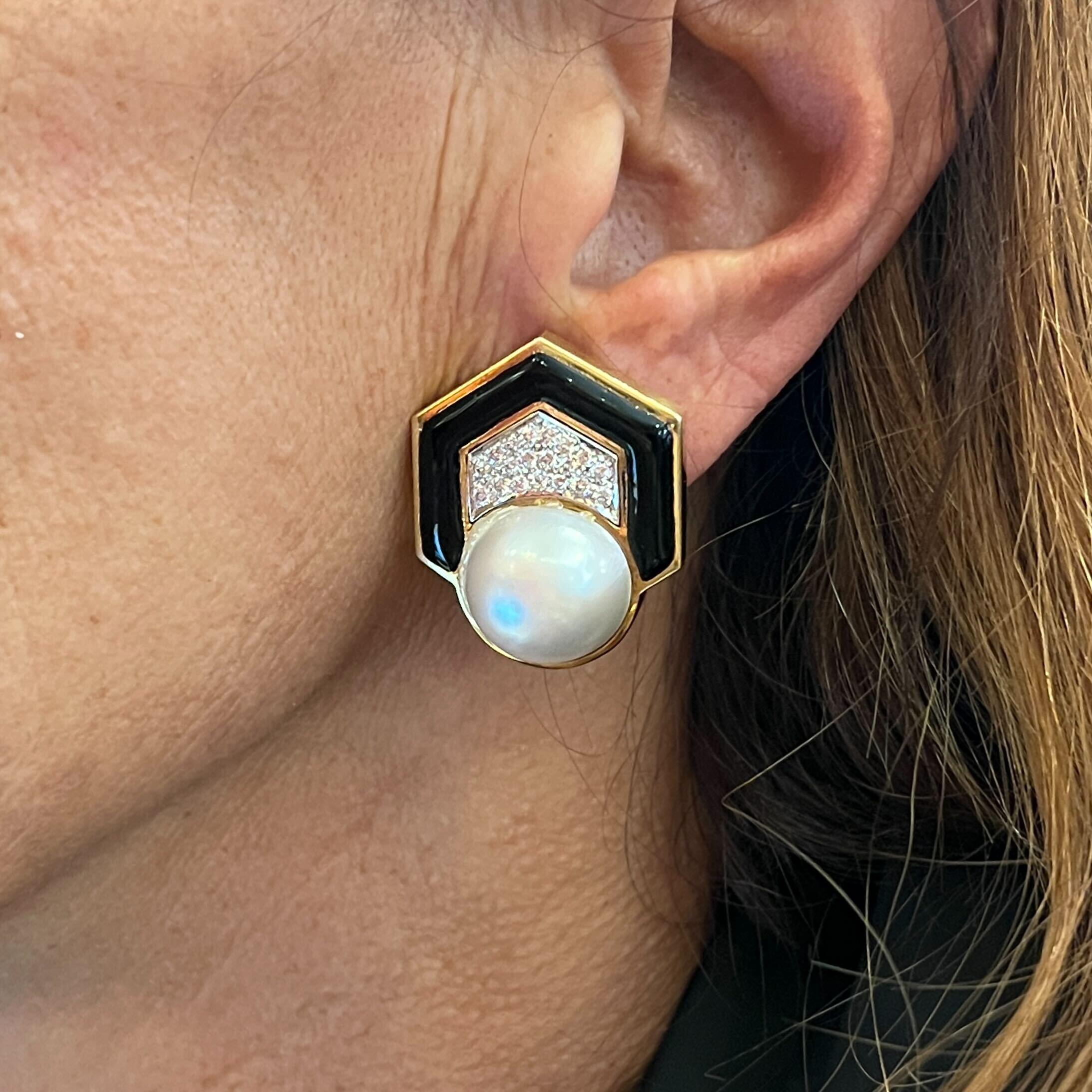 Andrew Clunn Yellow Gold, Mabe Pearl, Diamond and Enamel Earrings In Good Condition In New York, NY