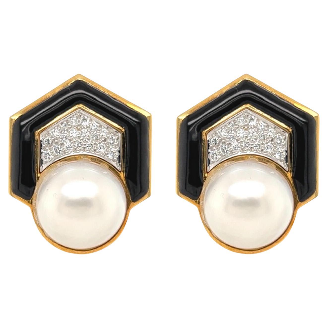 Andrew Clunn Yellow Gold, Mabe Pearl, Diamond and Enamel Earrings