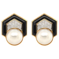 Andrew Clunn Yellow Gold, Mabe Pearl, Diamond and Enamel Earrings