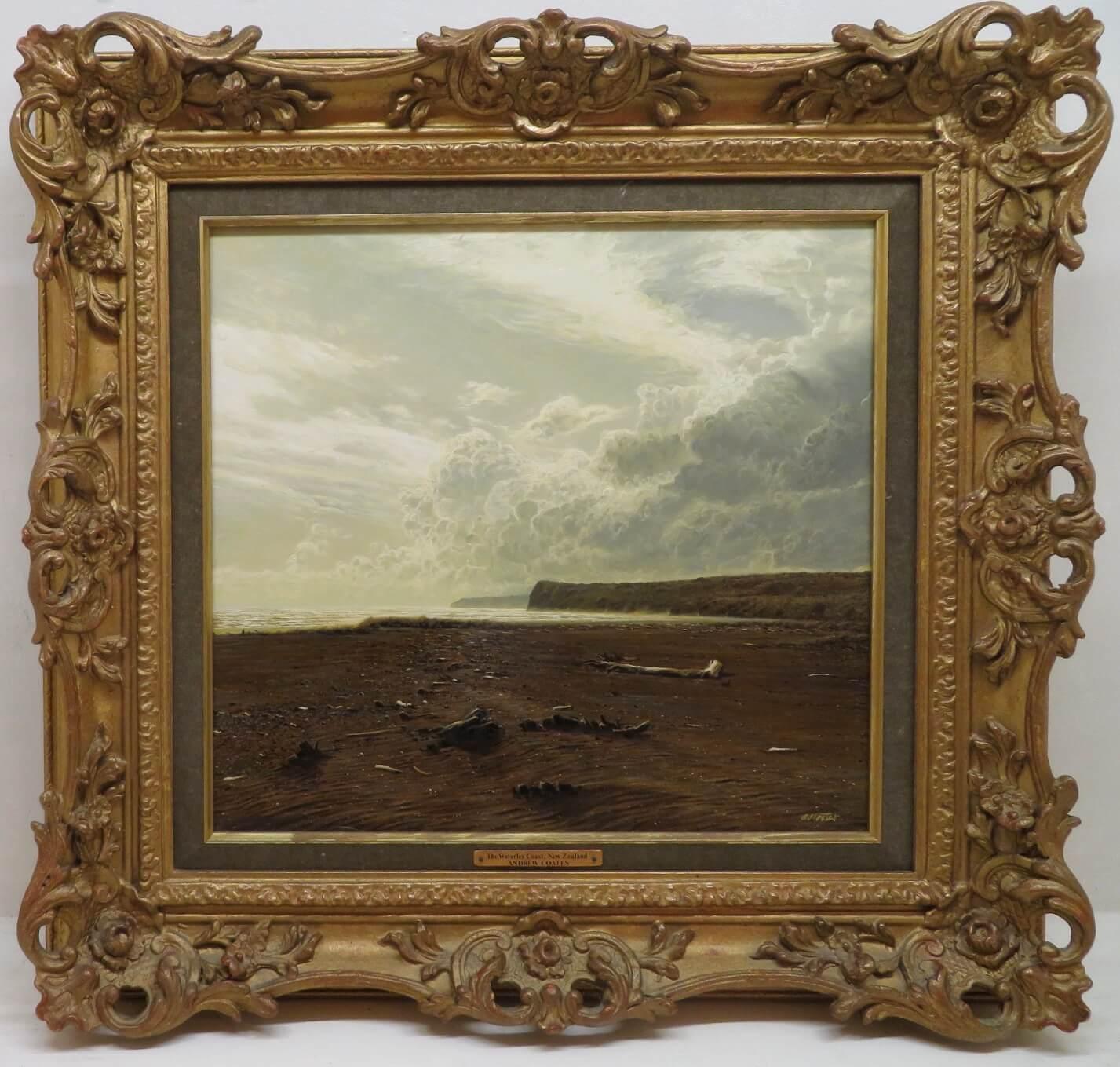 ARTIST: Andrew Coates (1955-) New Zealand 
TITLE: "The Waverley Coast New Zealand"
MEDIUM: oil on board
SIZE: 49cm x 47cm inc frame 
SIGNED: lower right 
NOTES: With provenance from WH Patterson of Albermarle Street London where originally purchased