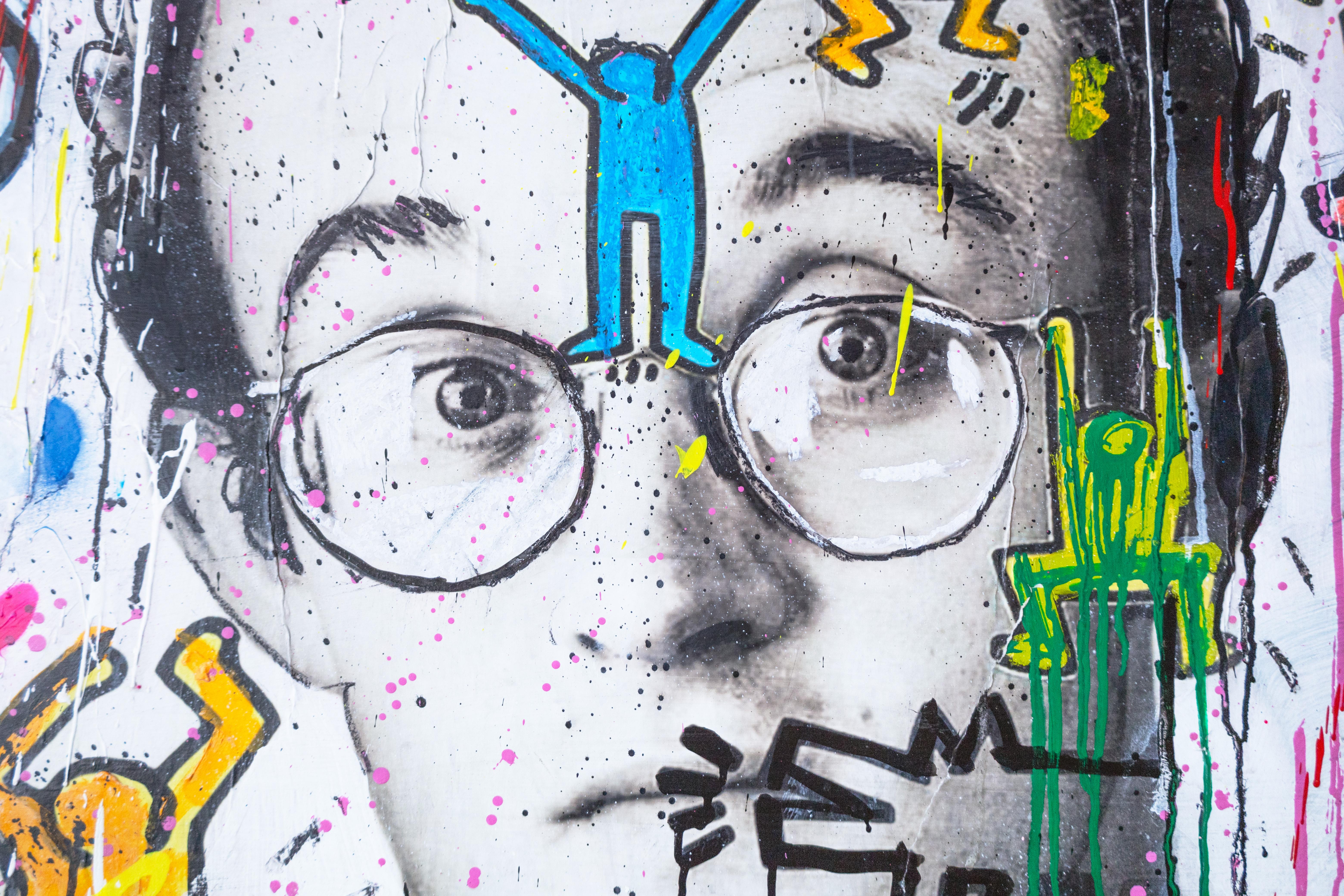 'Haring' Abstract Street Art Mixed Media Painting, 2024 - Gray Abstract Painting by Andrew Cotton