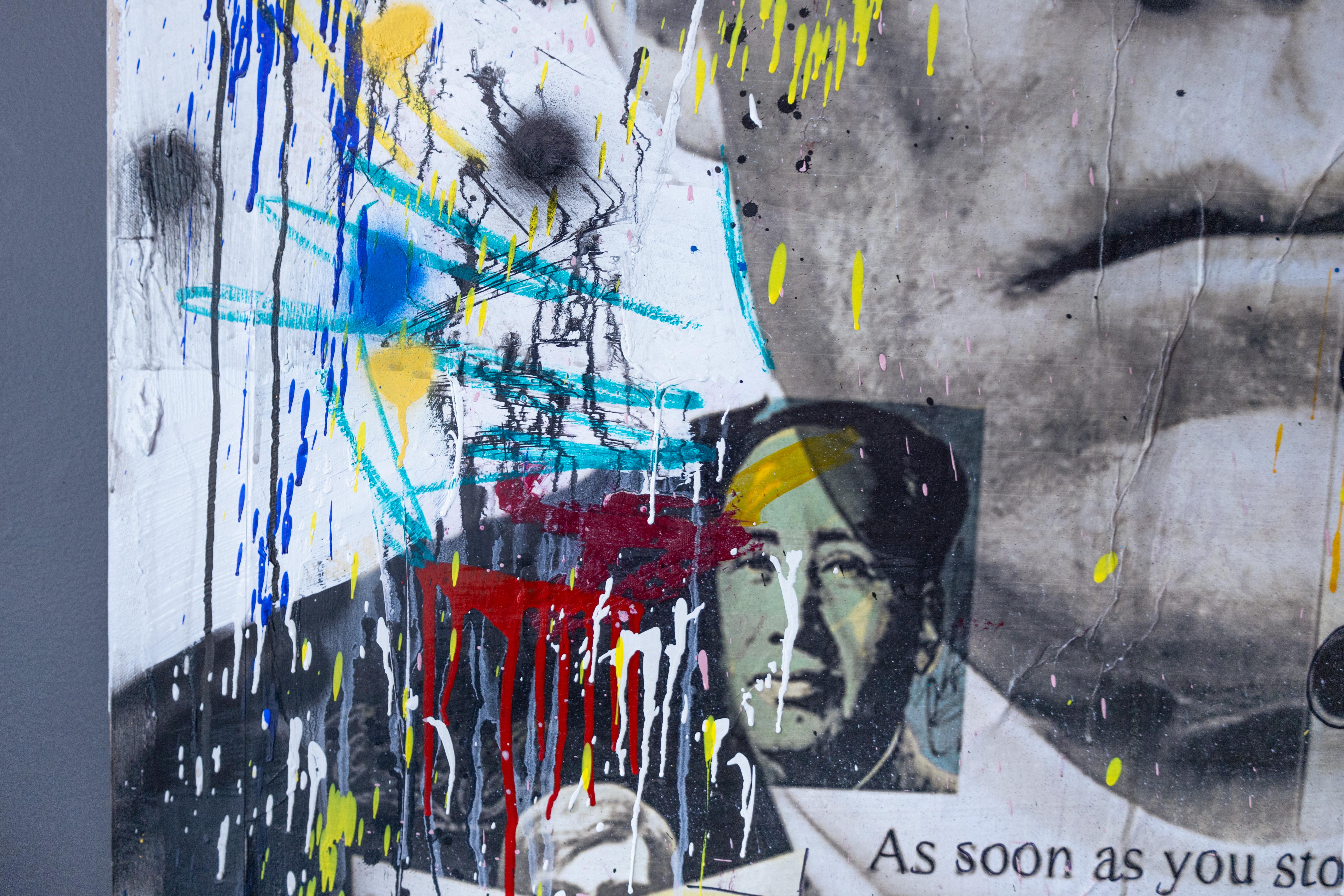 'Warhol' Abstract Street Art Mixed Media Painting, 2024 - Beige Abstract Painting by Andrew Cotton