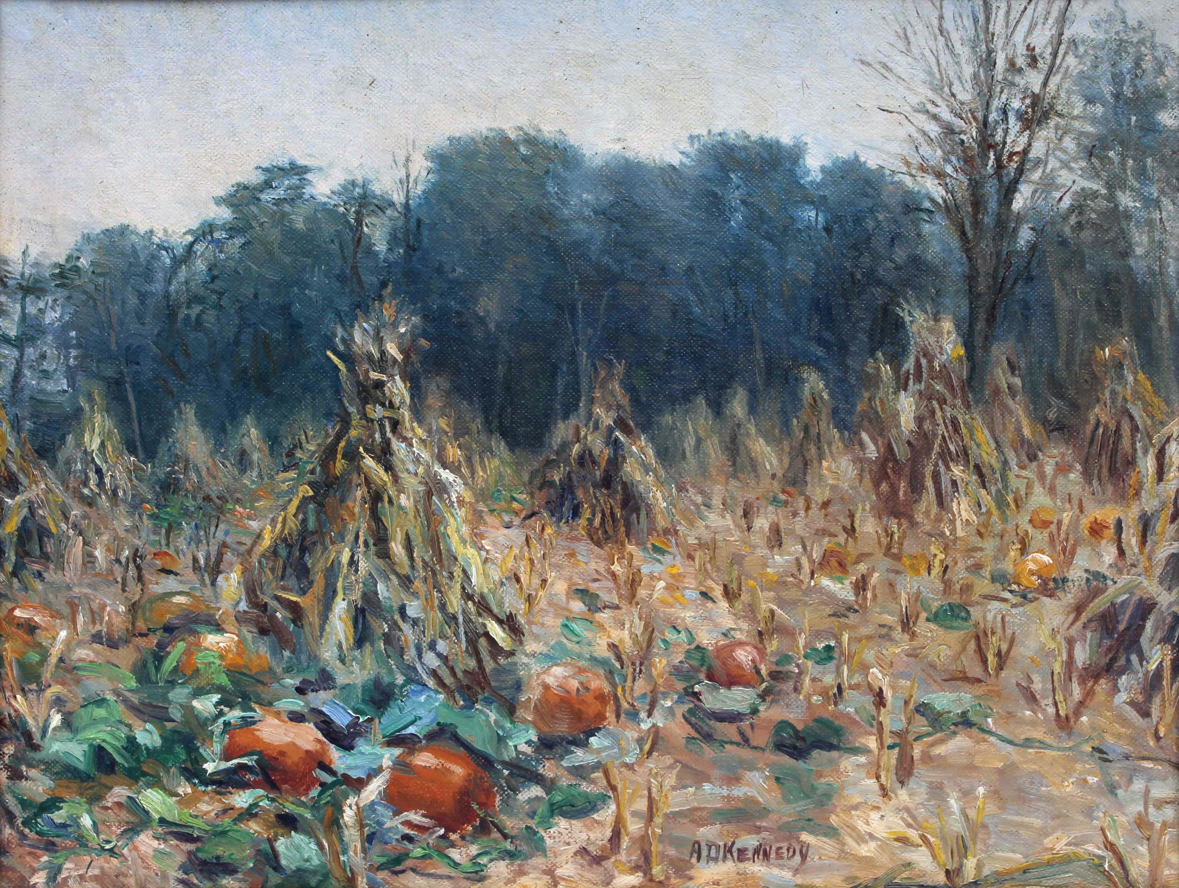 Antique Autumn Fall Landscape Pumpkin Harvest by Kennedy - Painting by Andrew D. Kennedy