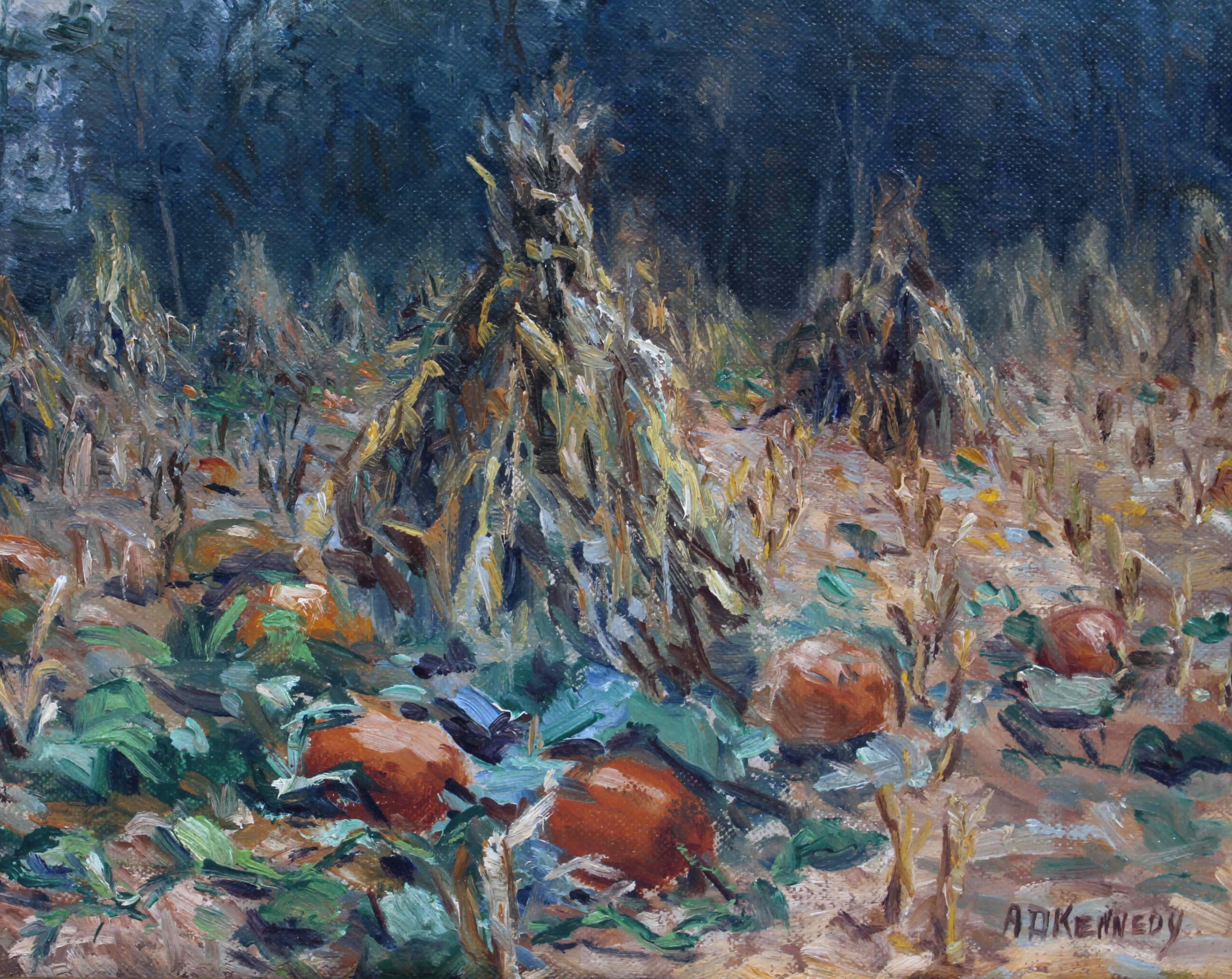 Antique Autumn Fall Landscape Pumpkin Harvest by Kennedy - American Realist Painting by Andrew D. Kennedy