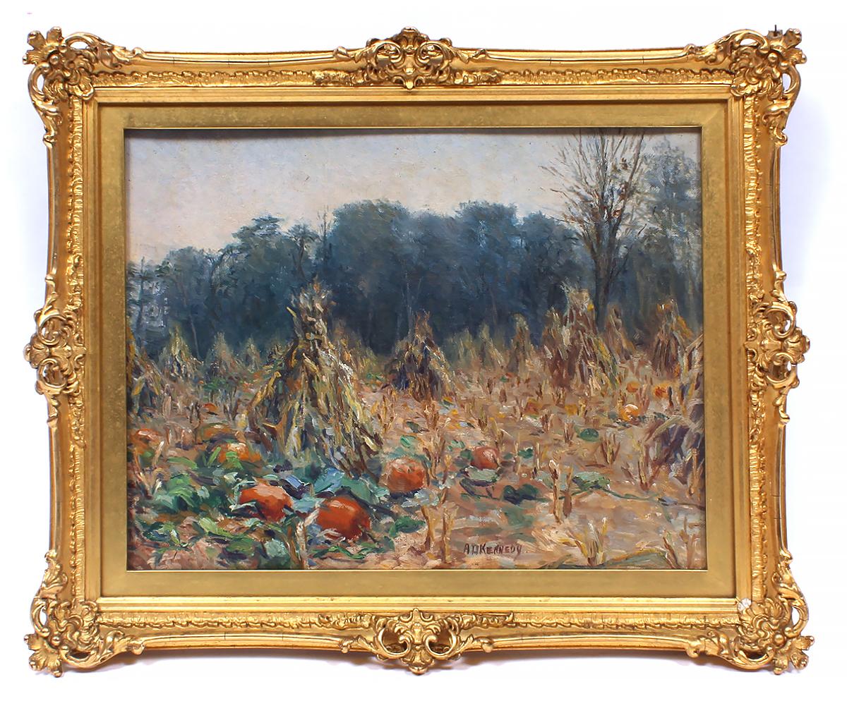 Andrew D. Kennedy Landscape Painting - Antique Autumn Fall Landscape Pumpkin Harvest by Kennedy