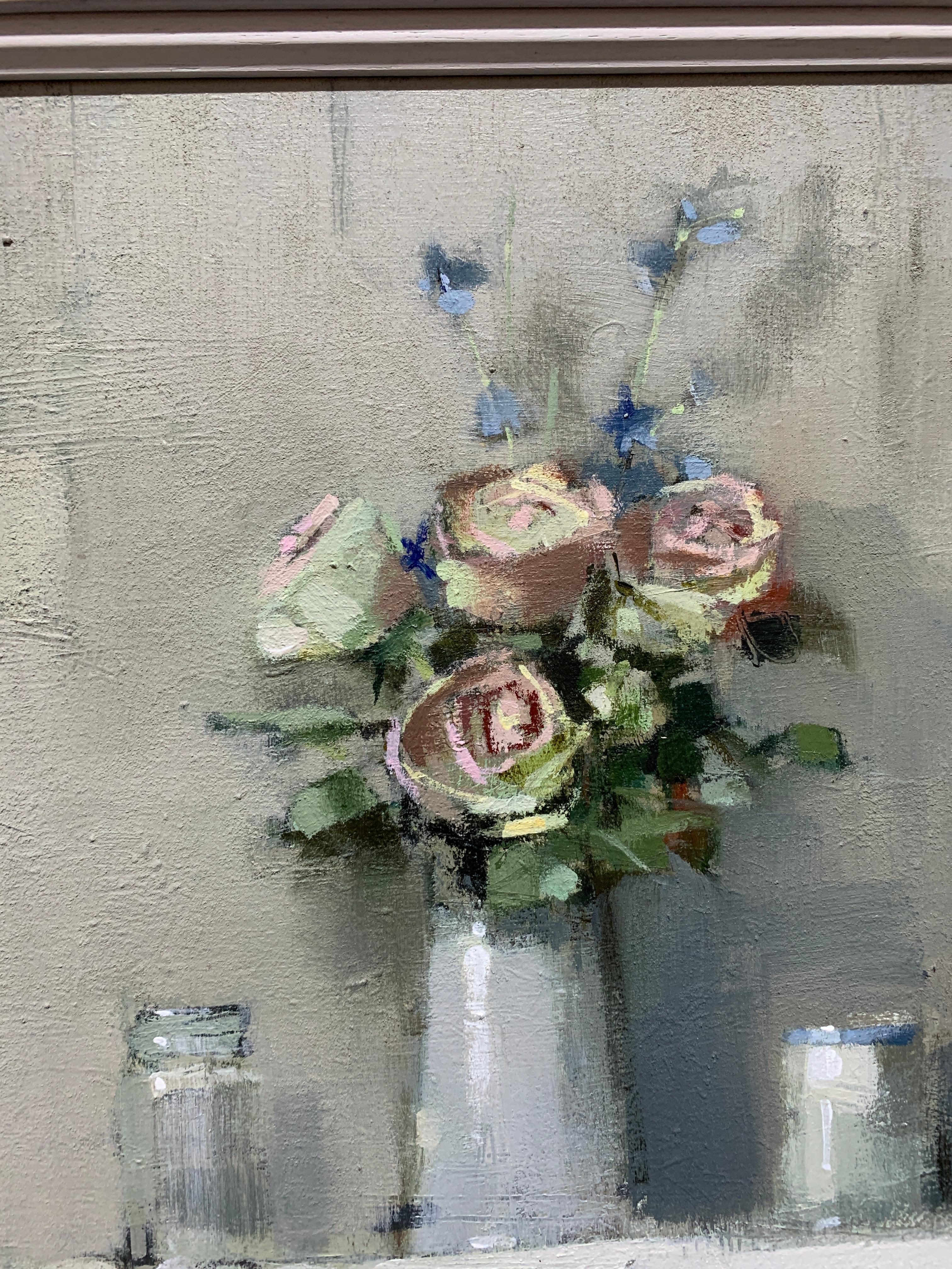British 20th century White and Pink Roses on a table in an interior still life - Painting by Andrew Davis