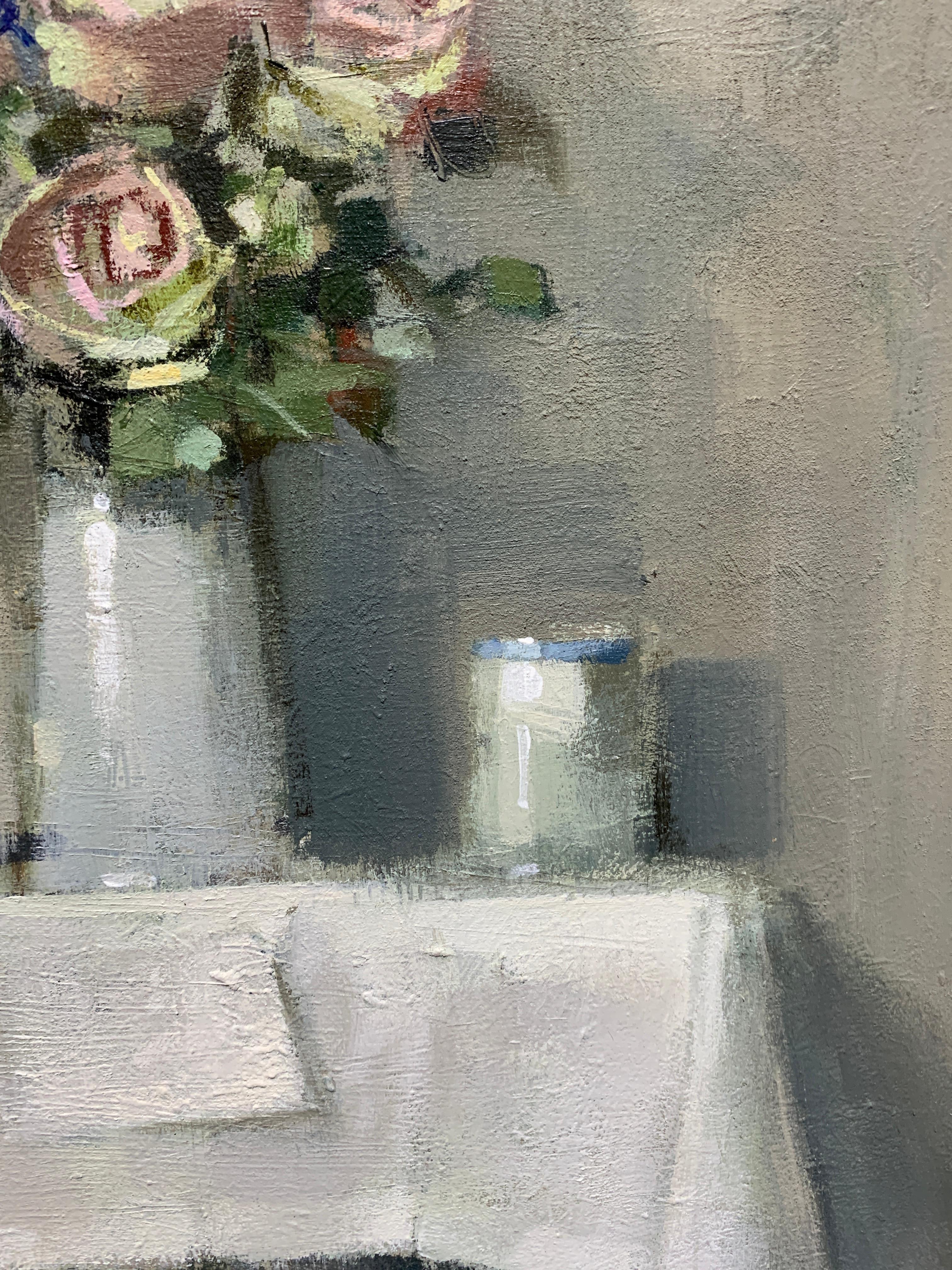 British 20th century White and Pink Roses on a table in an interior still life - Impressionist Painting by Andrew Davis