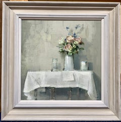 British 20th century White and Pink Roses on a table in an interior still life