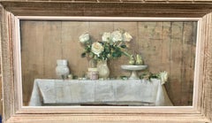 British 20th century White Yellow Roses on a table in an interior still life