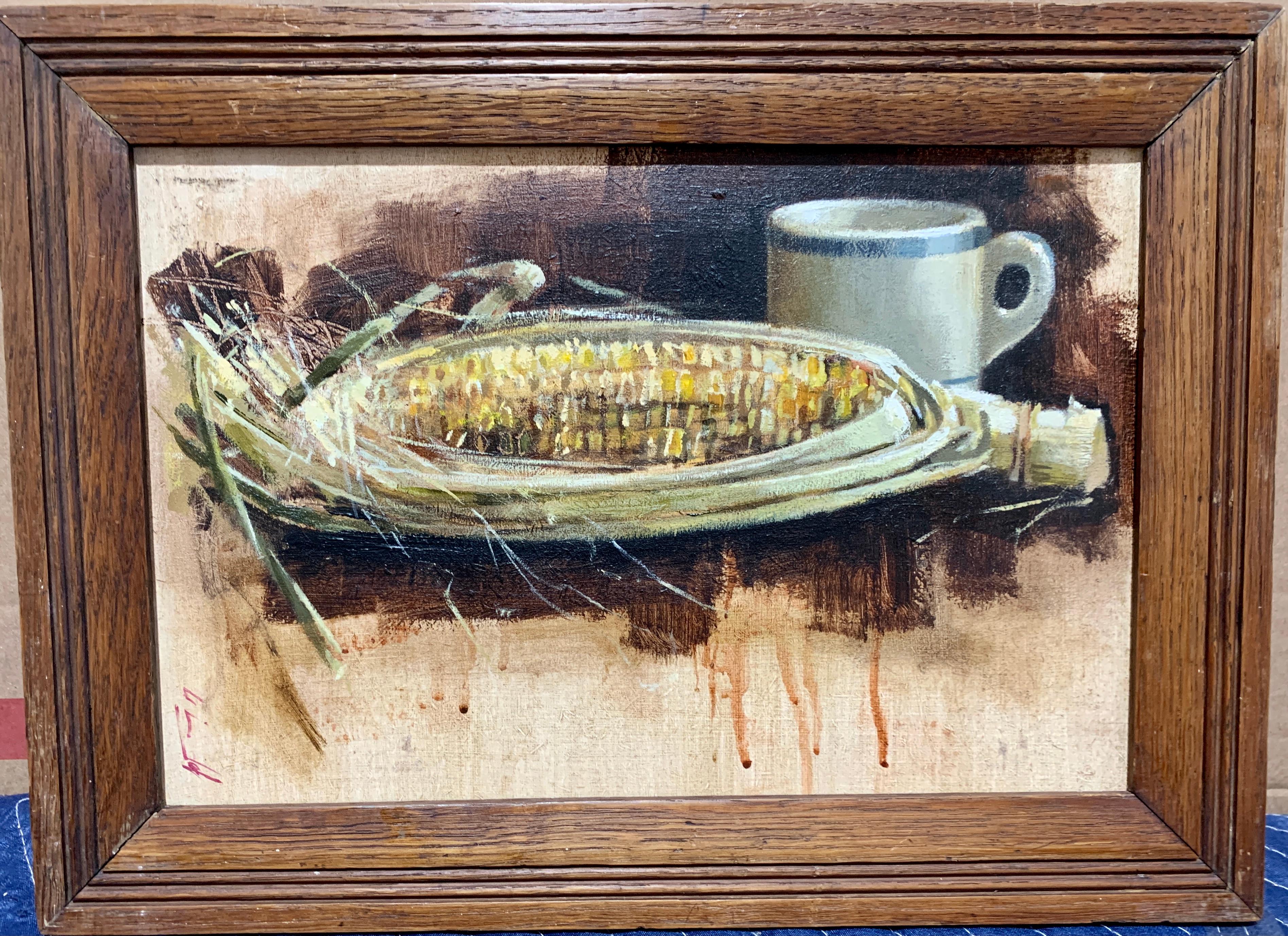 Andrew Davis Still-Life Painting - British 20th century, Still life of a Corn cob and cup on a table in an interior