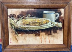Siglo XX británico, Bodegón de una mazorca de maíz y una taza sobre una mesa en un interior