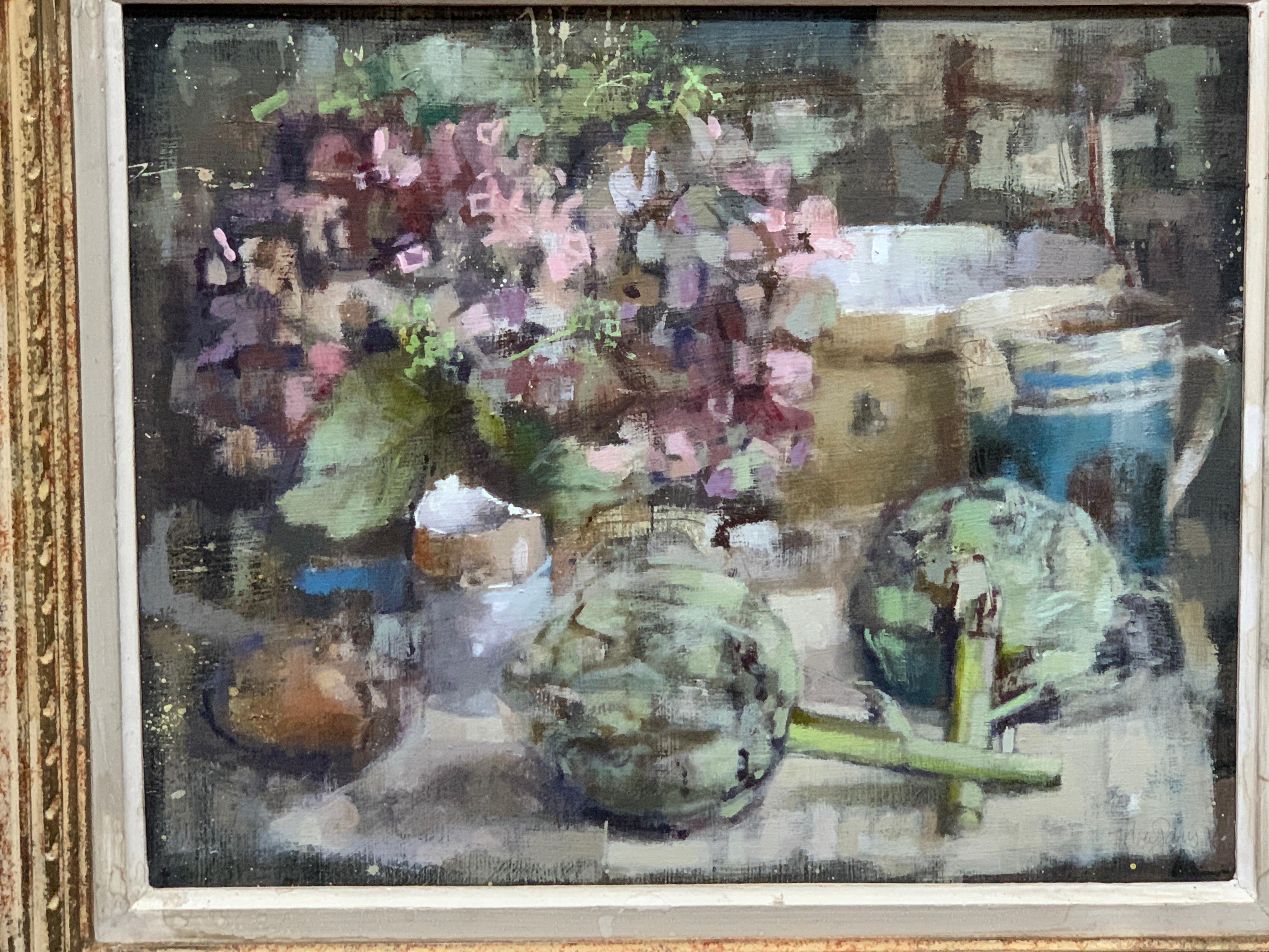 Modern British 20th century still life of a kitchen interior with artichoke etc - Painting by Andrew Davis