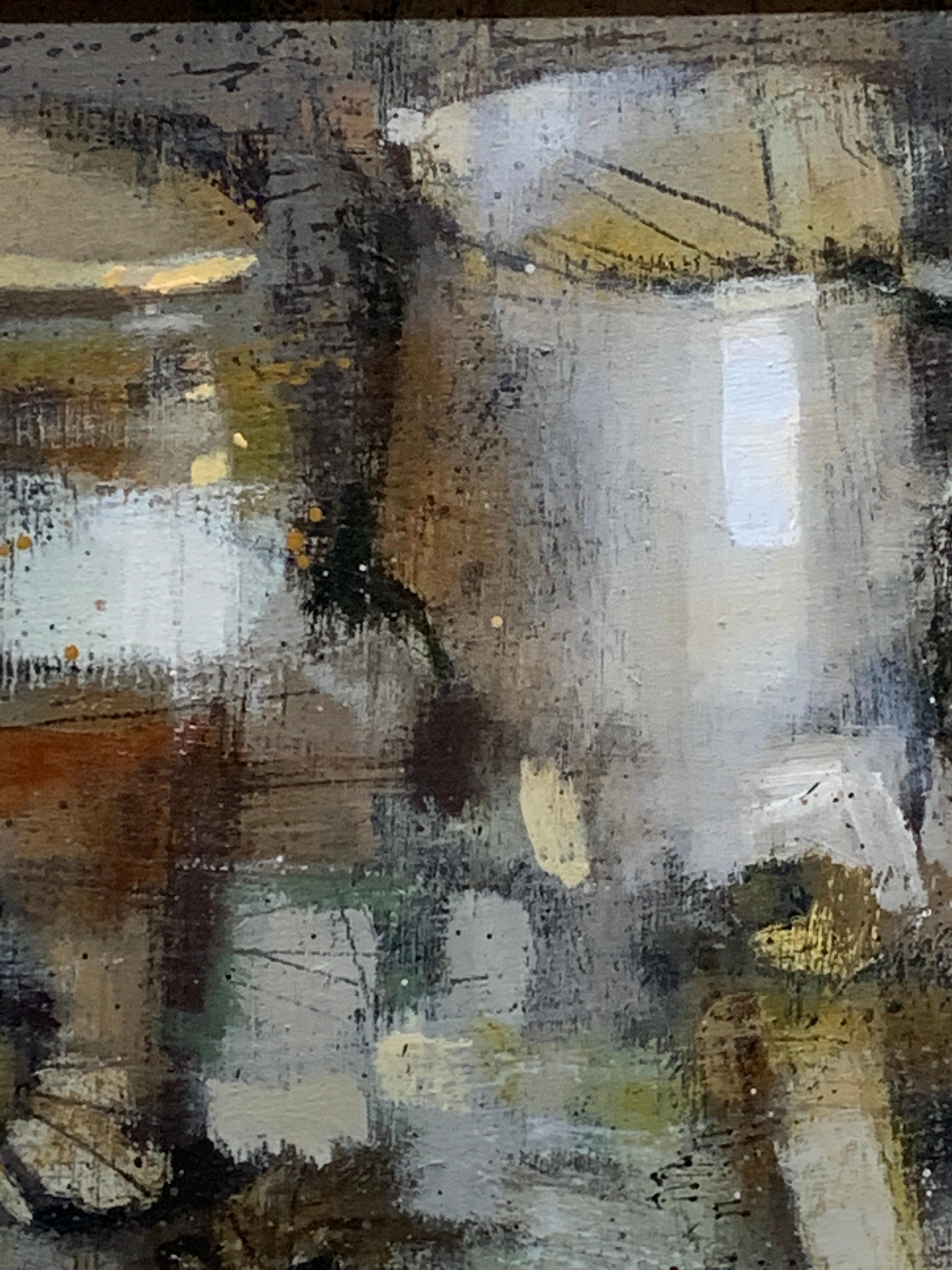 Nature morte britannique moderne du 20e siècle représentant un intérieur de cuisine avec une cruche à lait, etc. - Marron Interior Painting par Andrew Davis