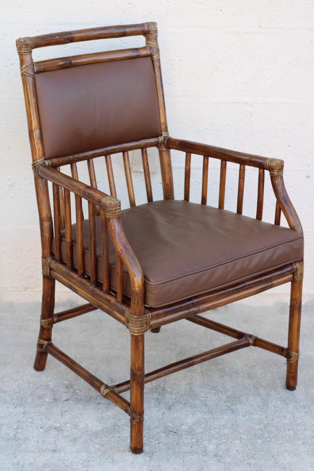 Andrew Delfino for McGuire Rattan and Leather Armchairs or Dining Chairs, a Pair For Sale 2
