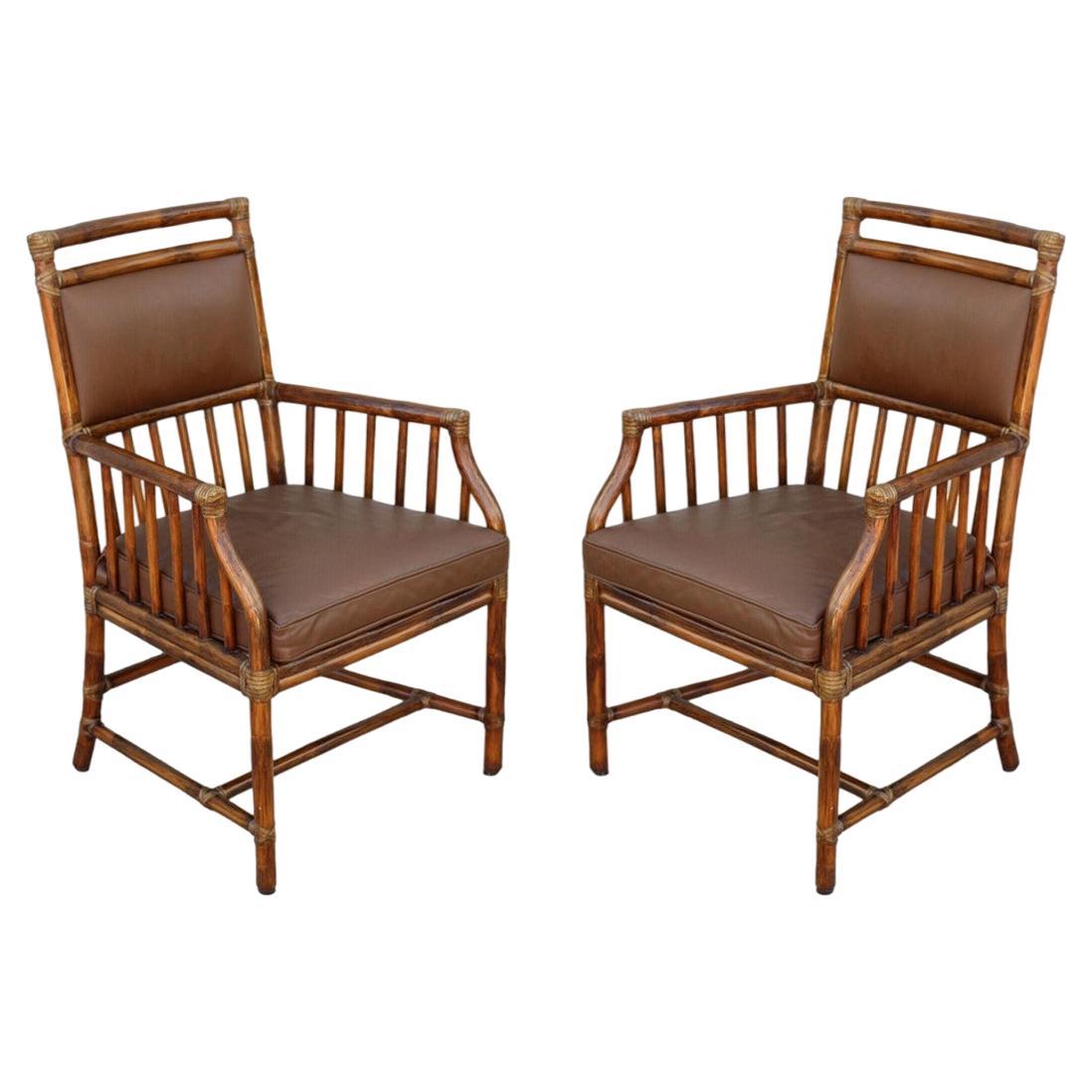 Andrew Delfino for McGuire Rattan and Leather Armchairs or Dining Chairs, a Pair For Sale