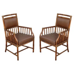 Retro Andrew Delfino for McGuire Rattan and Leather Armchairs or Dining Chairs, a Pair