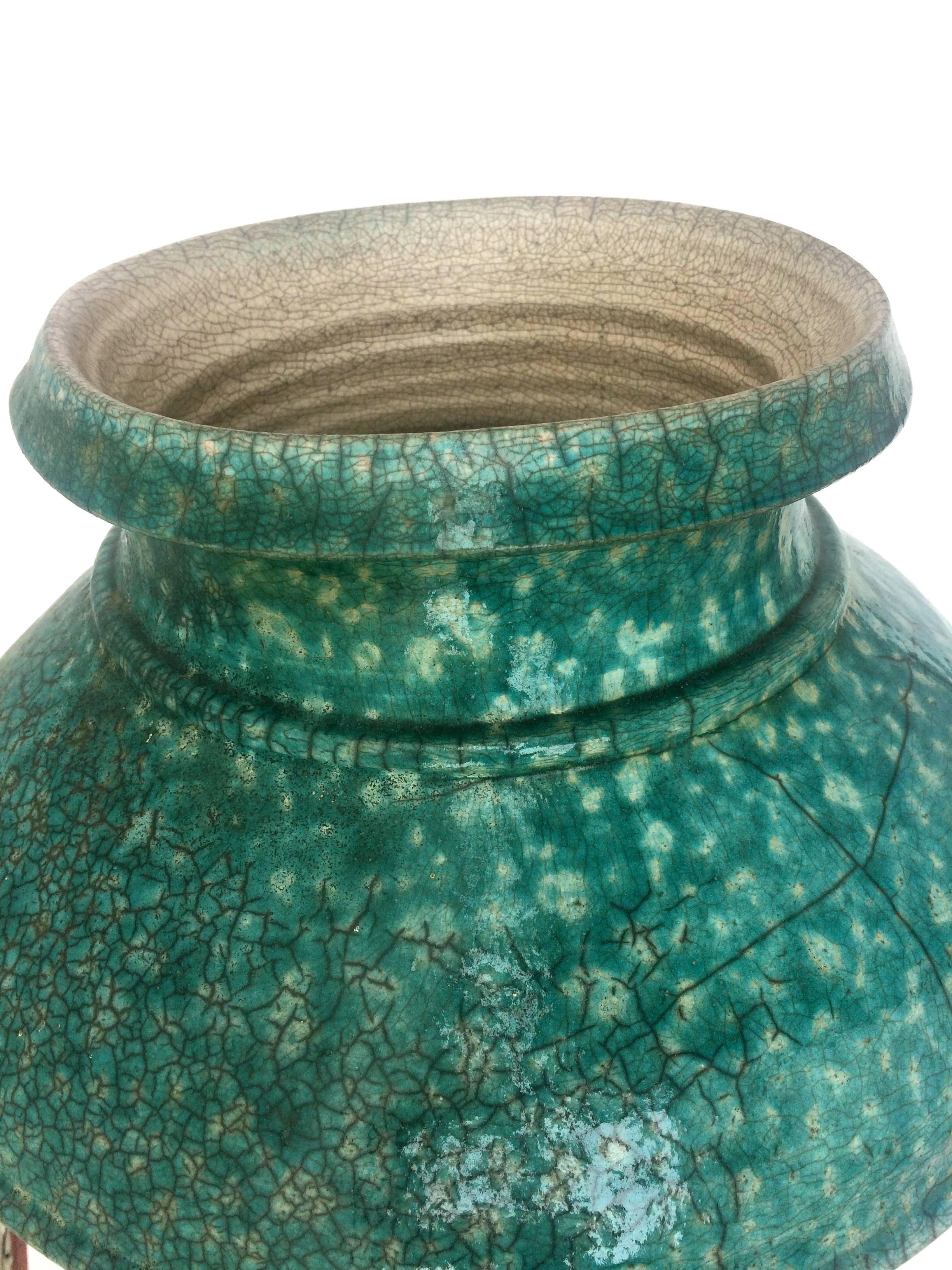 Large Turquoise Raku Pottery Floor Vase - Sculpture by Andrew Dewitt