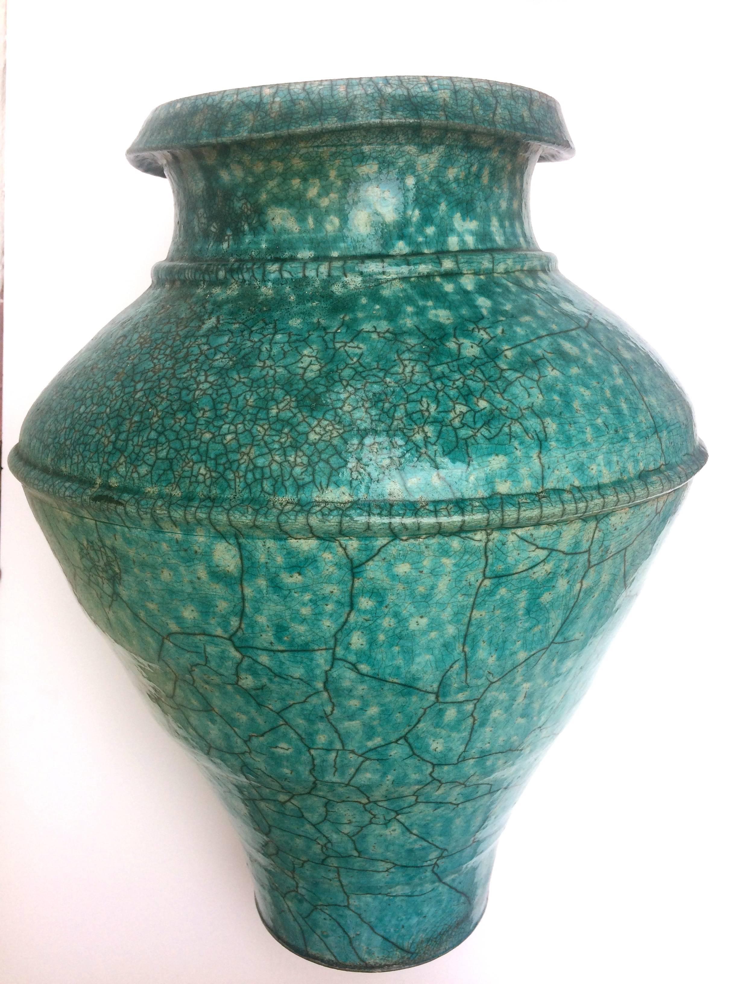 Andrew Dewitt Figurative Sculpture - Large Turquoise Raku Pottery Floor Vase