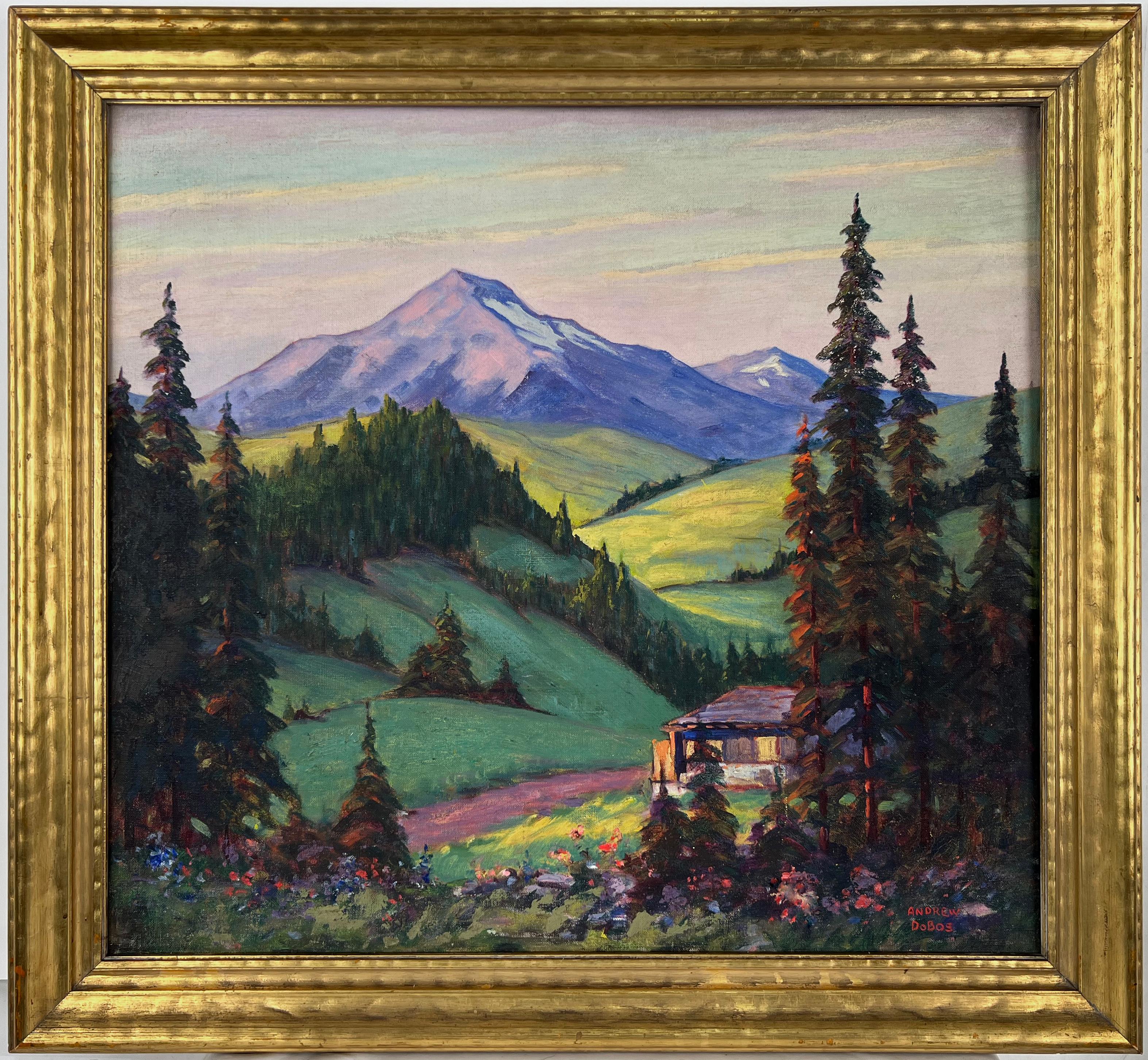 Andrew Dobos Landscape Painting - " Sunlit Mountains" Majestic Mount Jefferson And Mount Hood Oregon 1930s