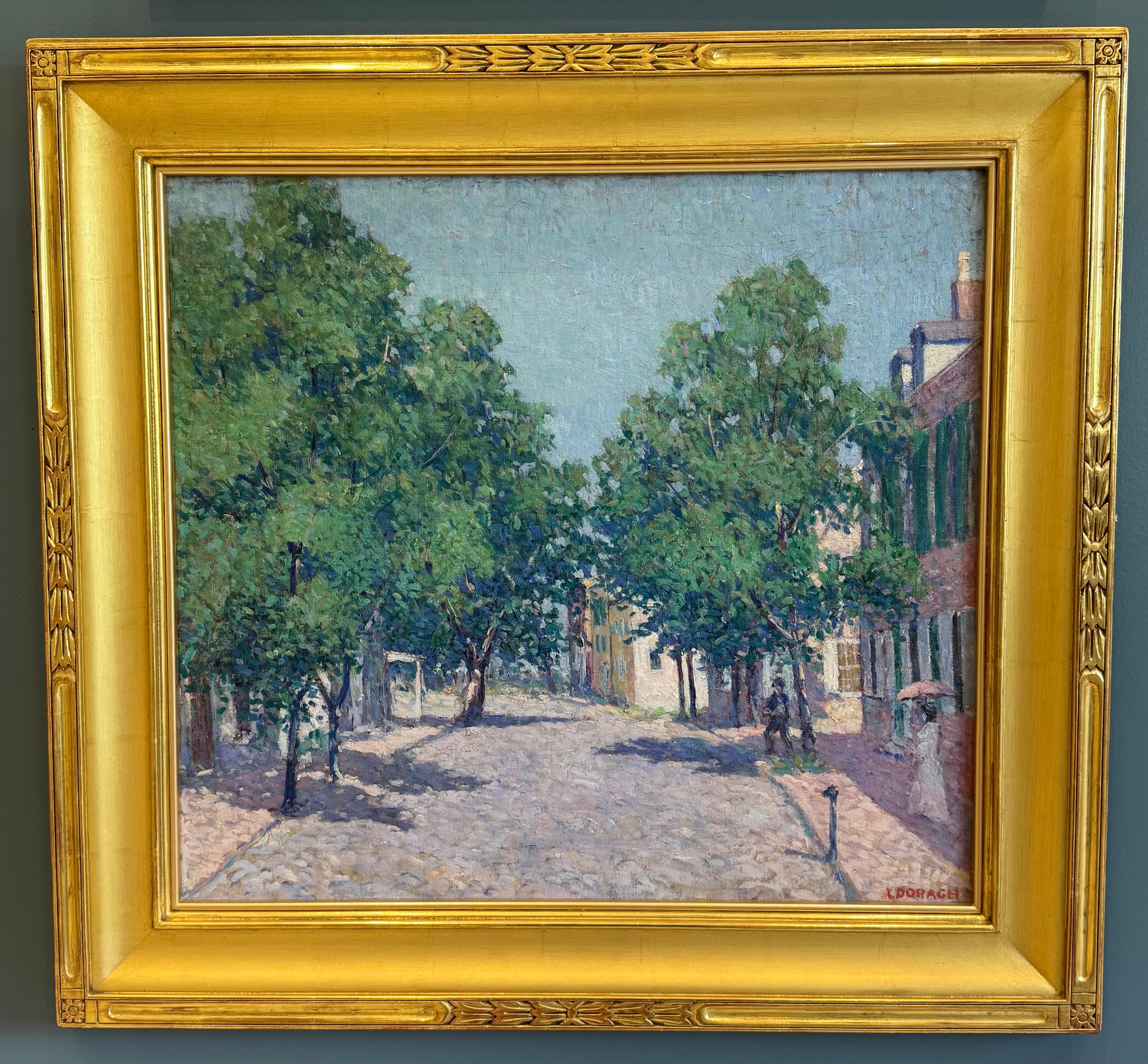 Escena de la calle New Castle - Landscape Painting Gris de Andrew Doragh