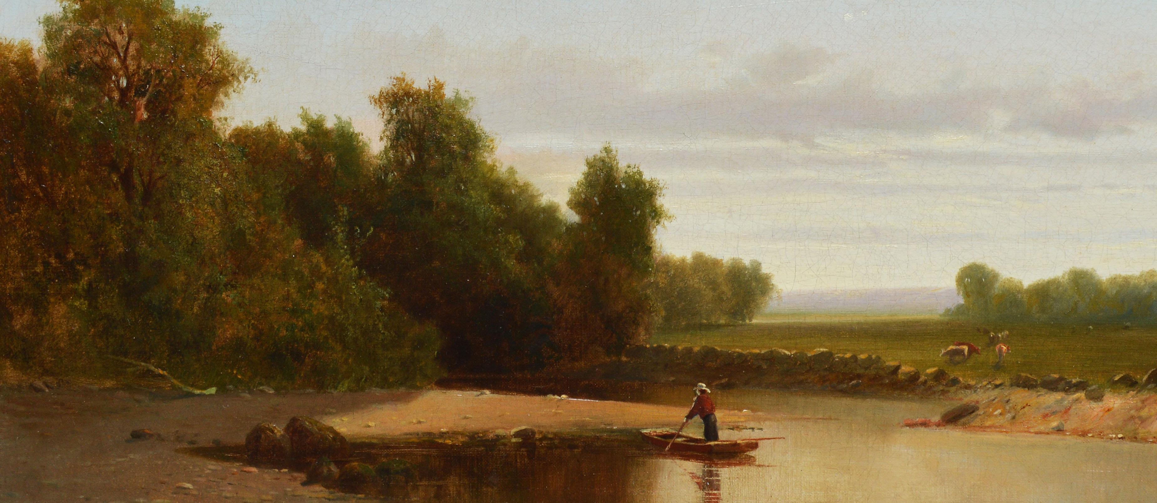 Hudson River School landscape with a figure and cows by Andrew Bunner  (1841 - 1897).  Oil on canvas, circa 1860.  Signed lower left.  Displayed in a period giltwood frame.  Image size, 20