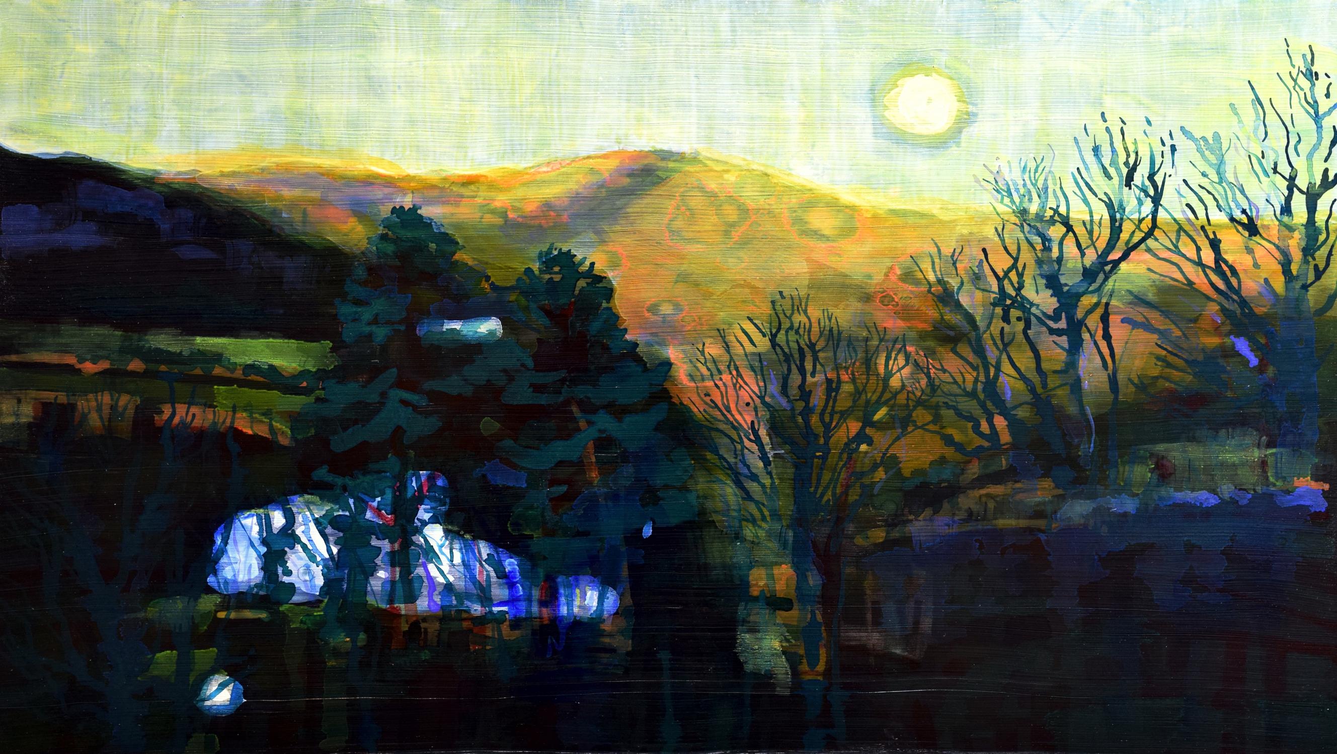 Andrew Francis Landscape Painting - "Pont Ceri Sunset I". Contemporary Landscape Oil Painting