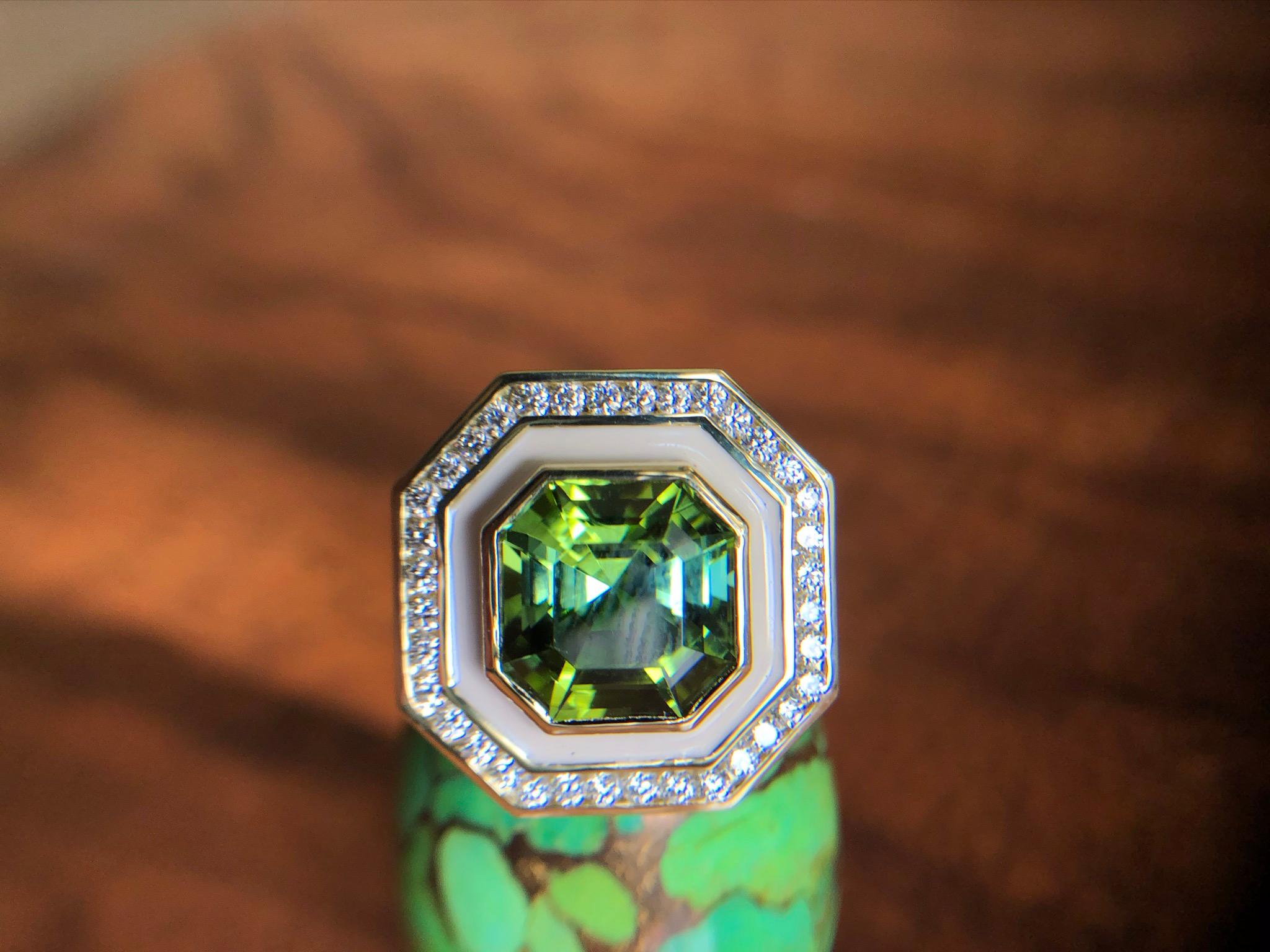 Contemporary Andrew Glassford Museum Series Green Tourmaline Ring with Diamonds in Enamel