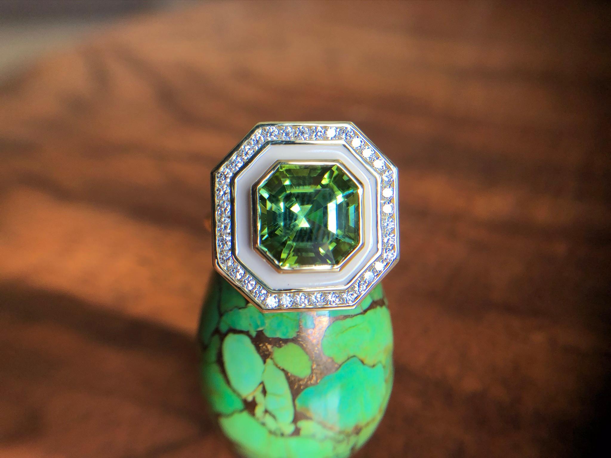 Asscher Cut Andrew Glassford Museum Series Green Tourmaline Ring with Diamonds in Enamel