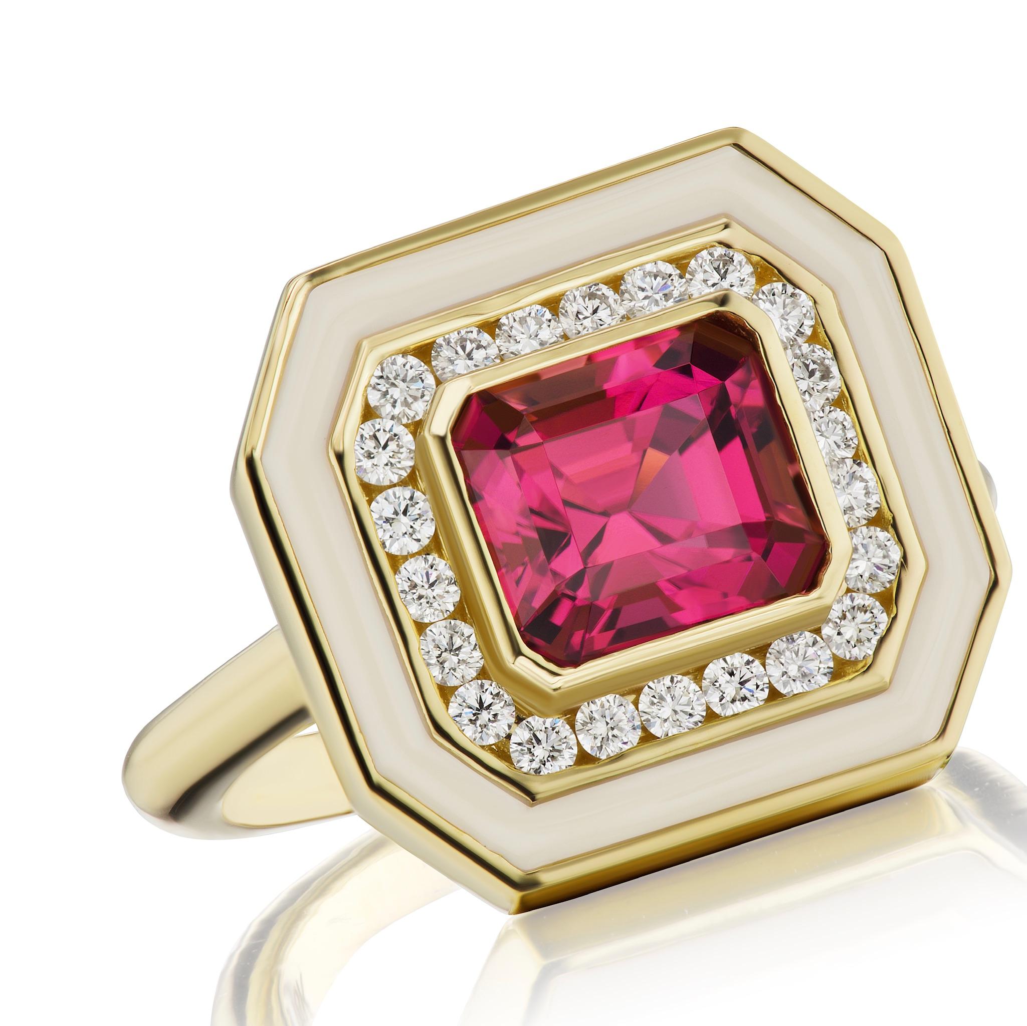 A beautiful 2.12 carat Redish-Pink Asscher cut Tourmaline by Andrew Glassford. It is a mesmerizing stone that has been set and surrounded by .33 carats of GH VSI Diamonds, followed by a border of cream colored enamel. This ring is set in 18K Yellow