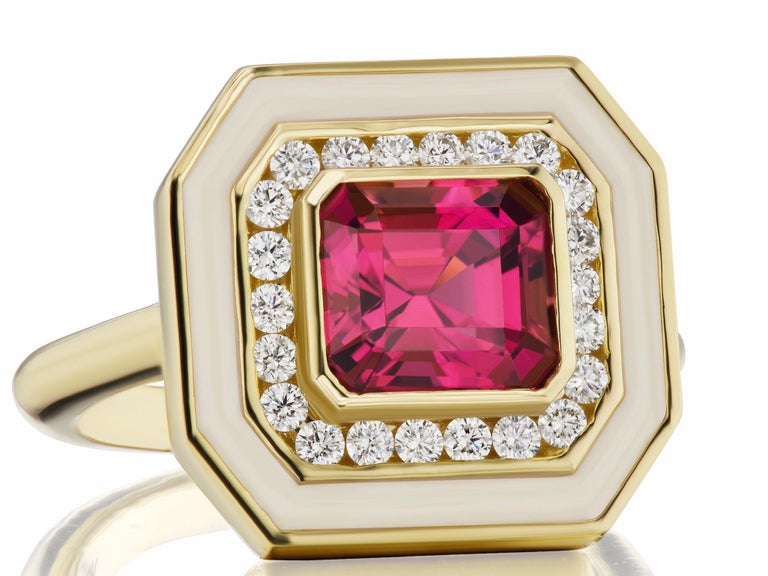 Contemporary Tourmaline Ring with Diamonds in Cream Enamel Set in 18 Karat Yellow Gold For Sale