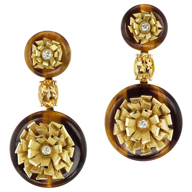 Andrew Glassford's Tiger-Eye Chalcedony, Diamond and Gold Earrings