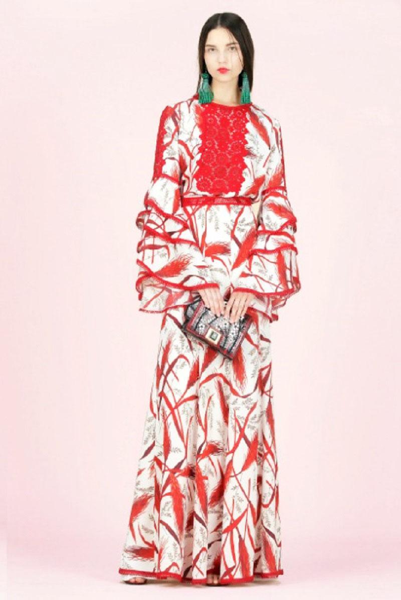 Andrew GN Jupe longue en géorgette de soie blanche et rouge à imprimé Rye, collection 2018, taille FR 38 en vente 2