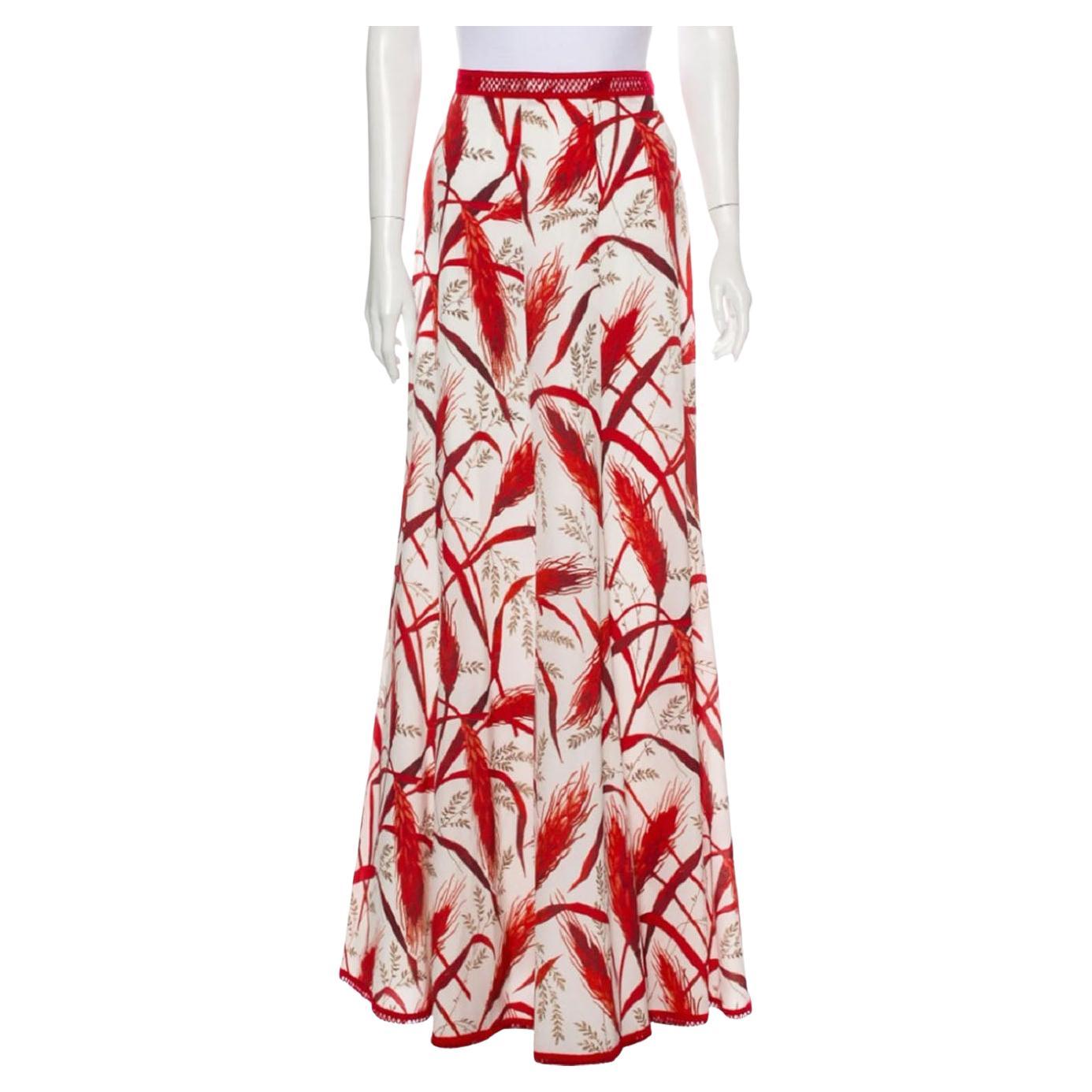 Andrew GN 2018 Collection Rye-Print Silk-Georgette White Red Maxi Skirt Fr. 38