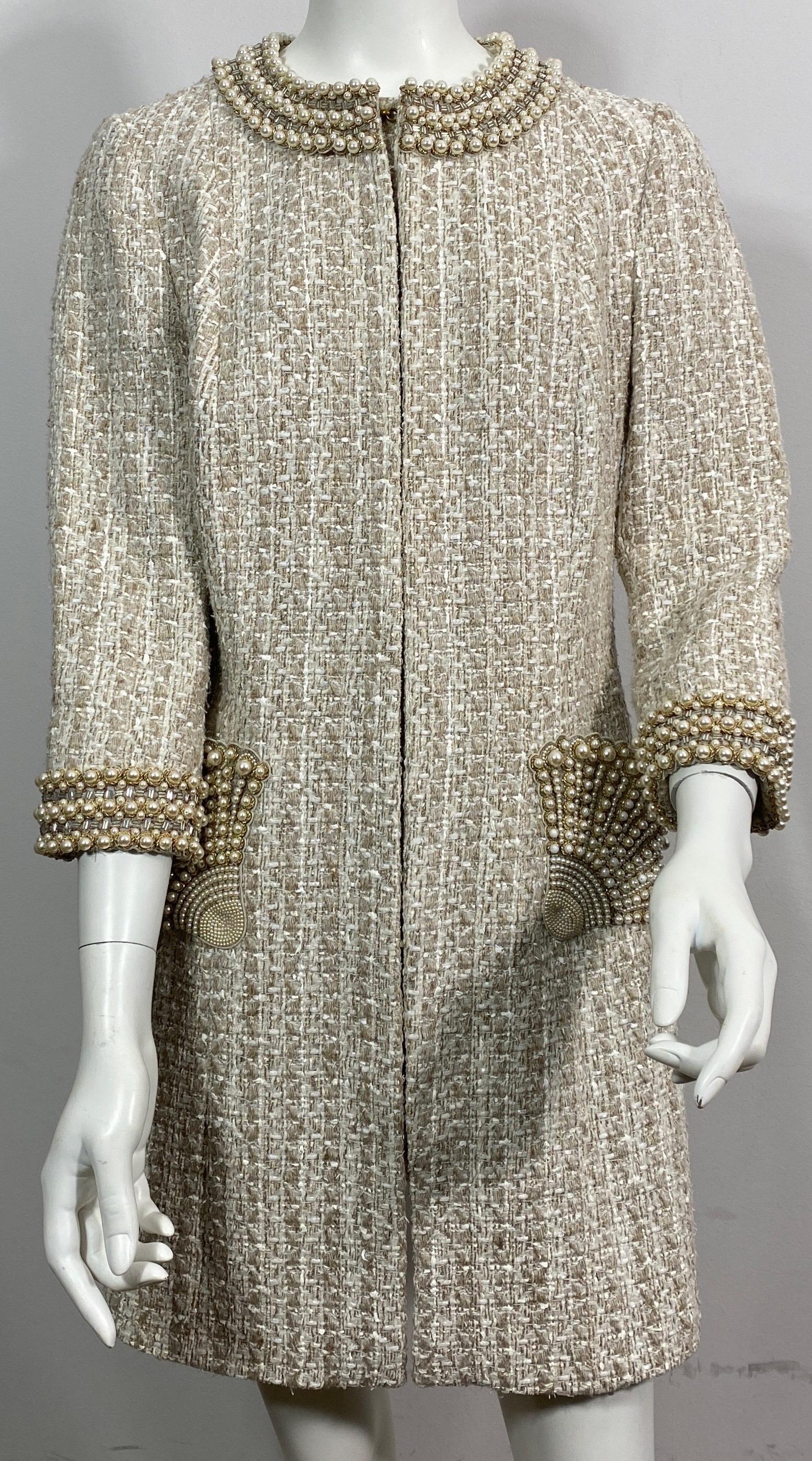 Andrew GN Beige and Ivory Boucle Tweed and Pearl Coat - 2005 Collection - Size M The fabric on this coat is a Beige and Ivory cotton/linen/silk blend Boucle Tweed and is fully lined in silk. The coat has a round neckline which is trimmed in a 2”