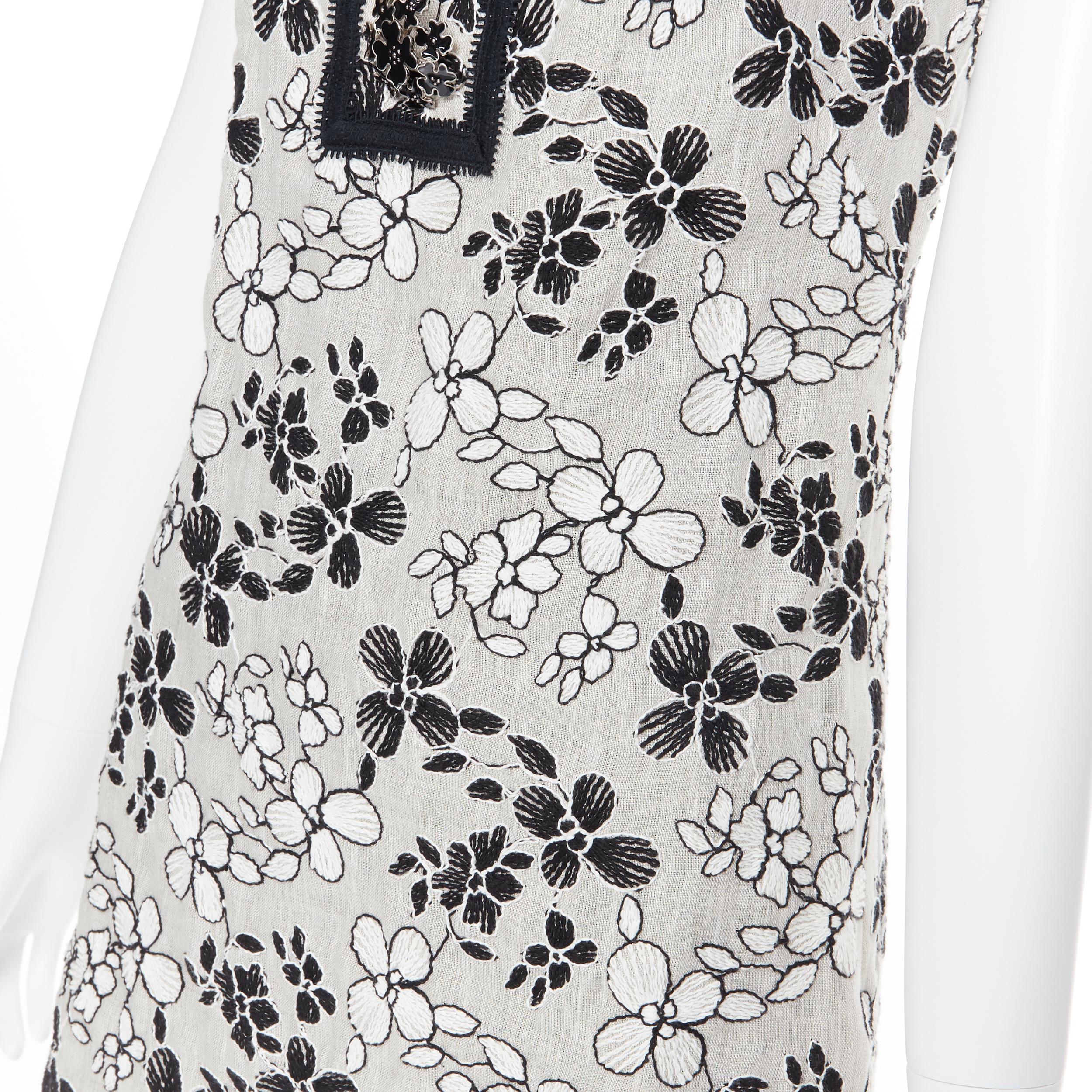 Women's ANDREW GN beige linen cotton floral embroidery enamel  button shift dress FR36