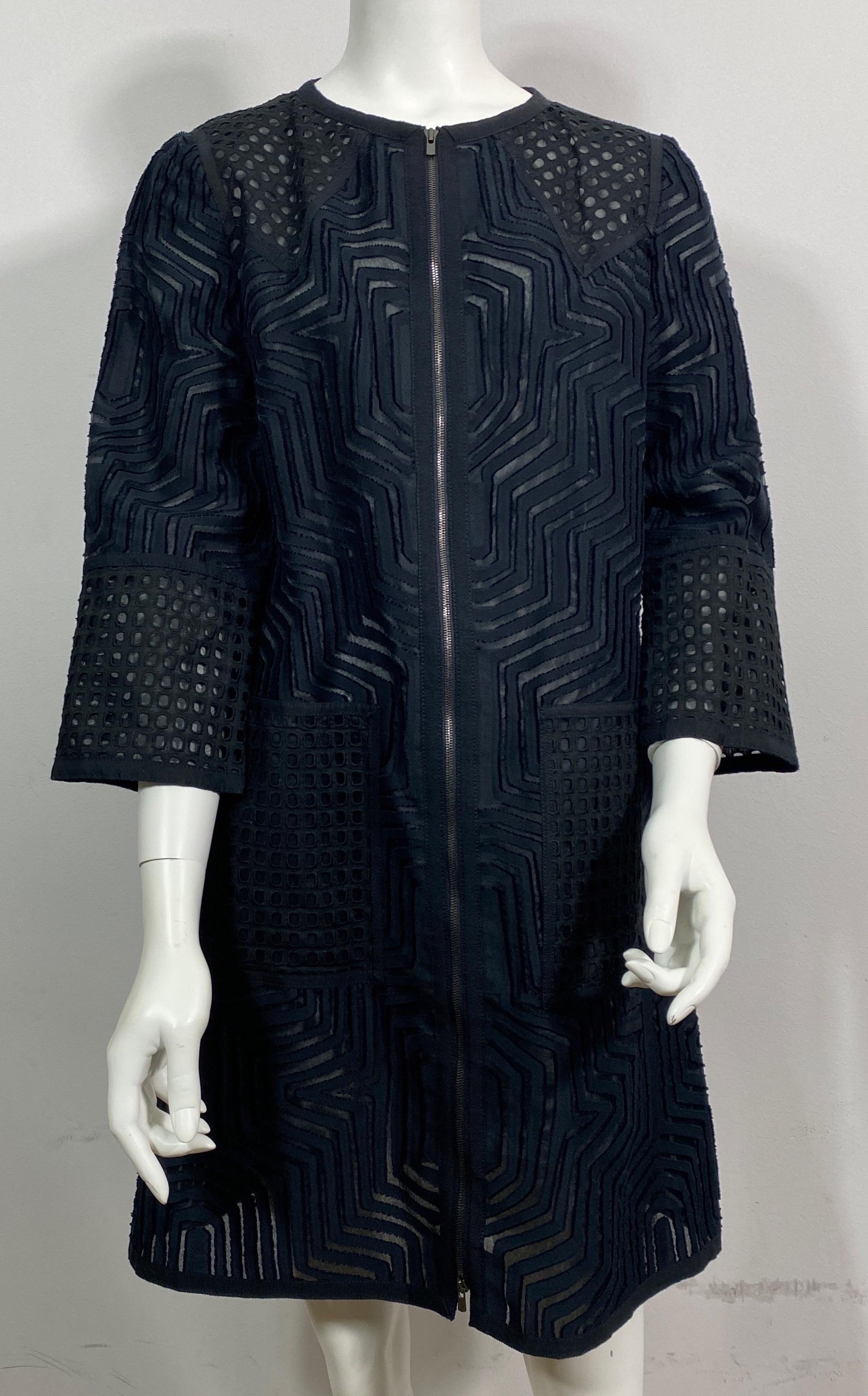 Andrew GN Black Cotton Lace Zip Coat Dress - Size 40  The Spring 2014 collection black cotton geometric patterned lace front zip coat can be worn as a dress as well and is semi transparent which is all the style right now. The garment has a multi