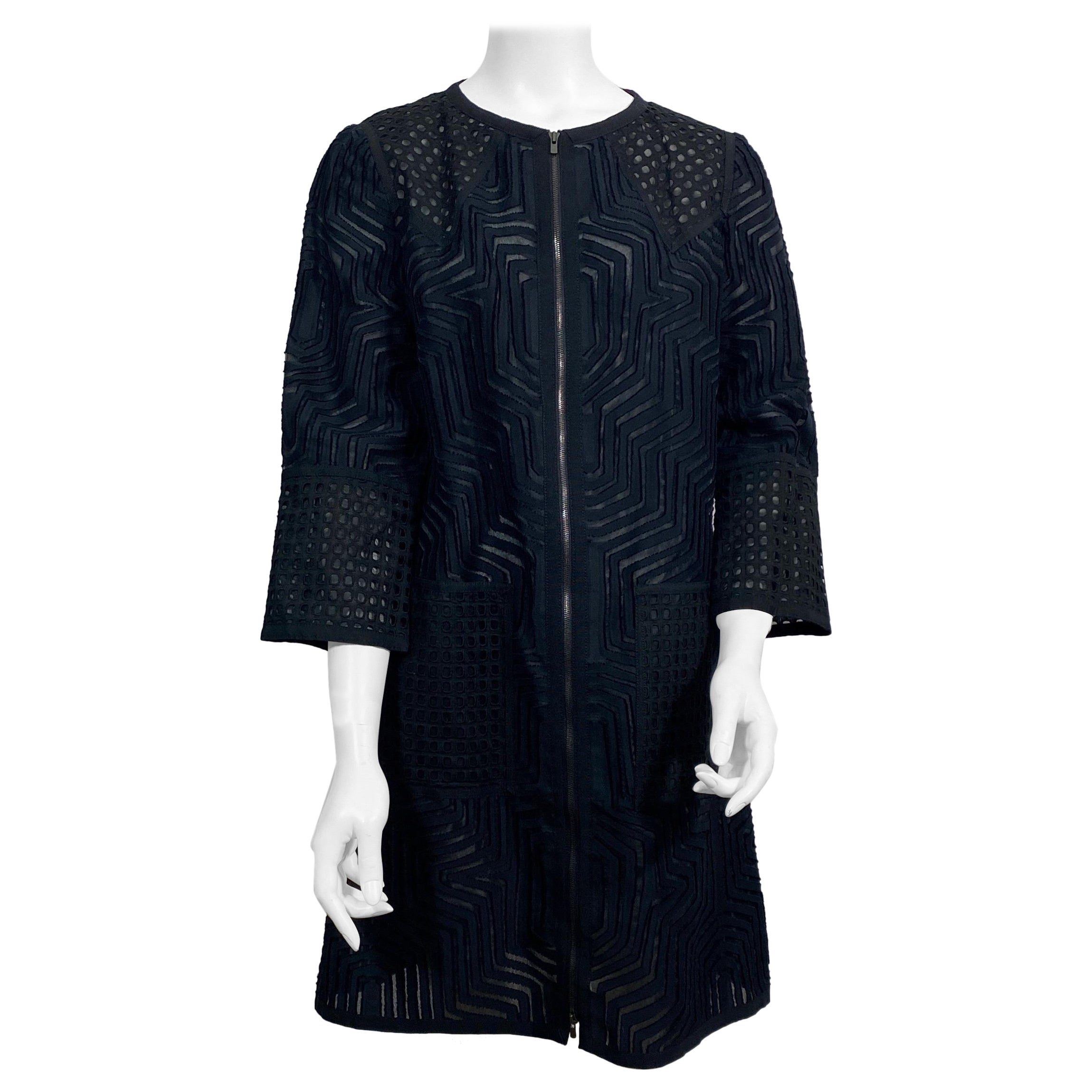 Andrew GN Schwarzes Baumwoll-Spring 2014 Mantelkleid mit Reißverschluss und Spitze-Kollektion-Größe 40