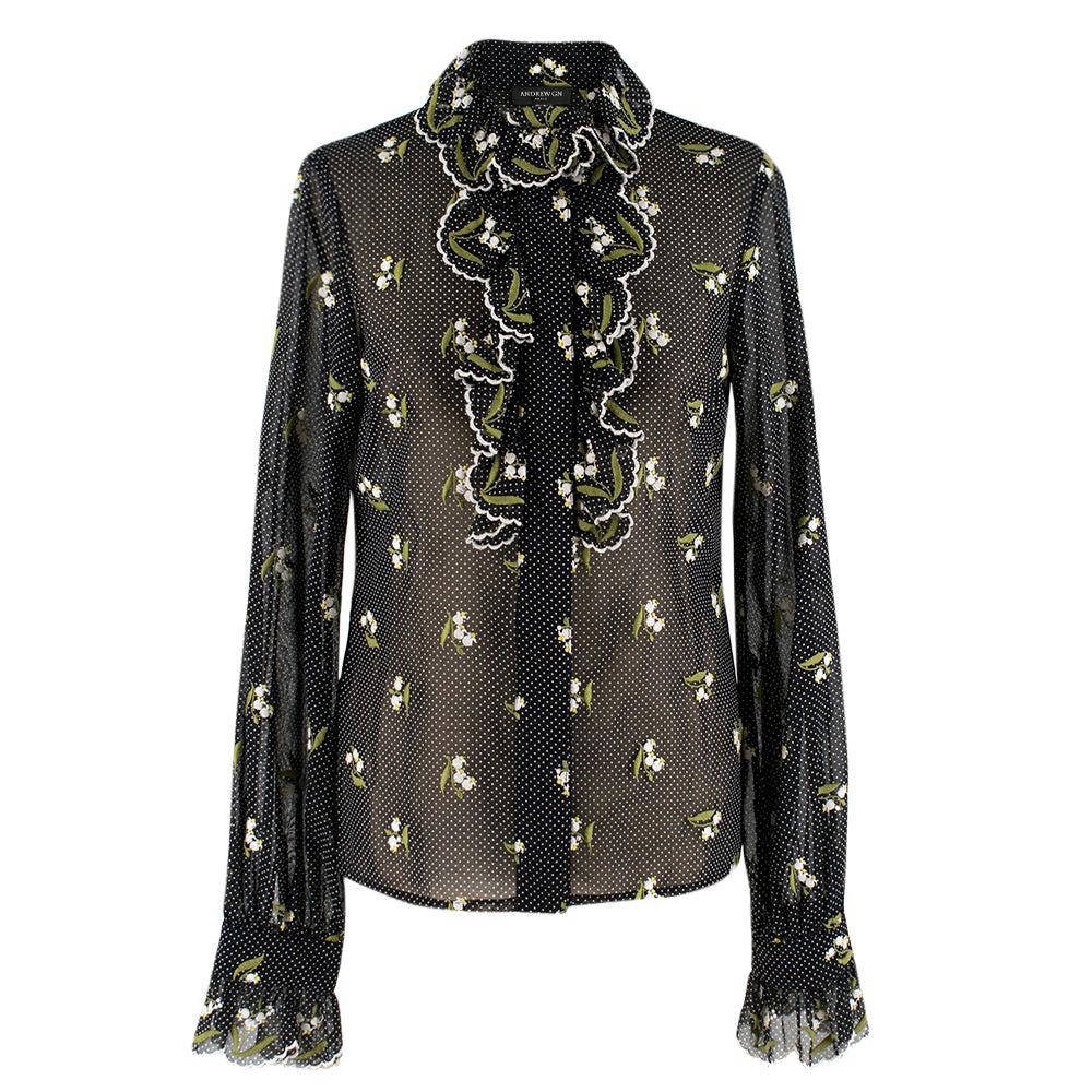Andrew GN Black Polka Dot Embroidered Shirt SIZE S